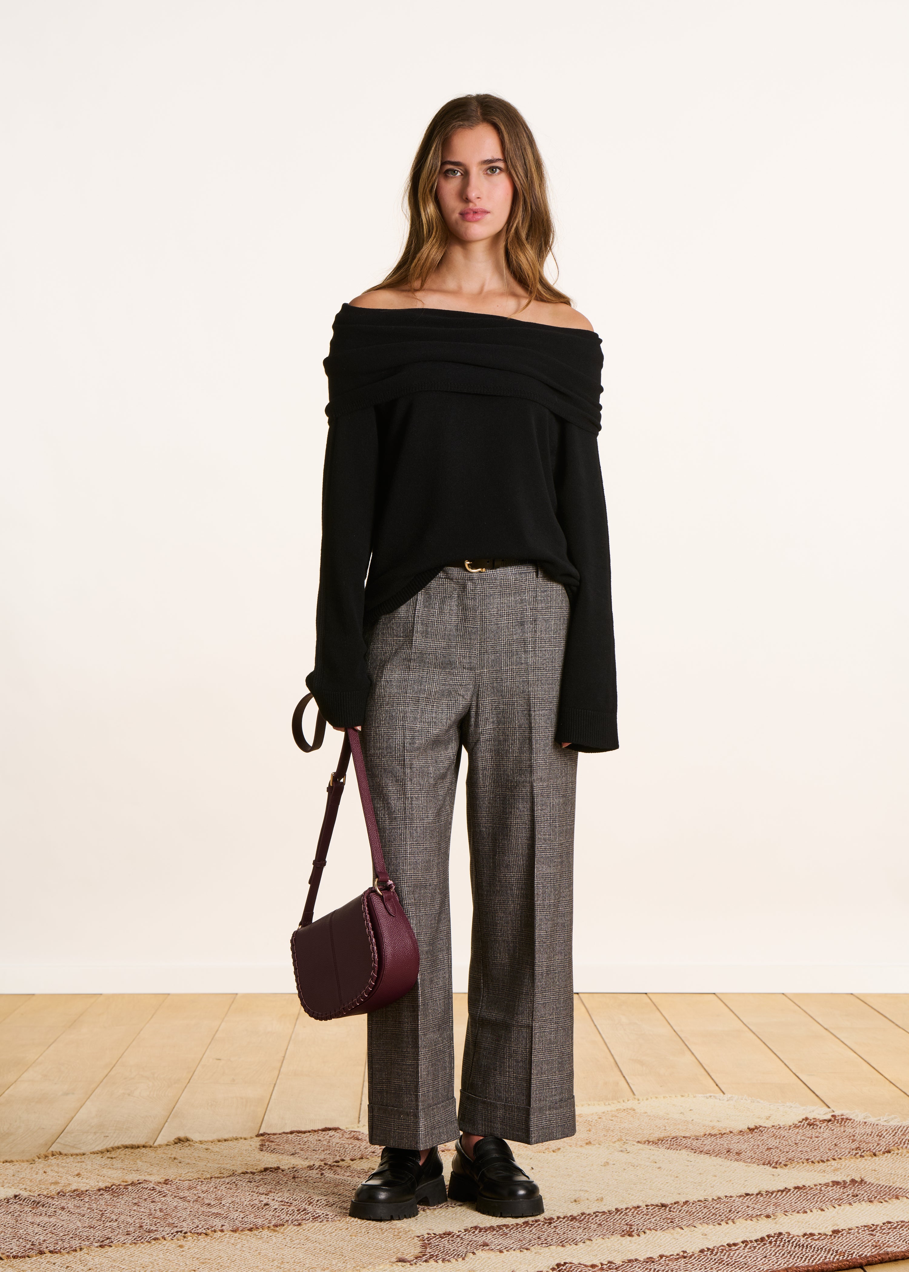 Pantalon droit gris à carreaux taille haute