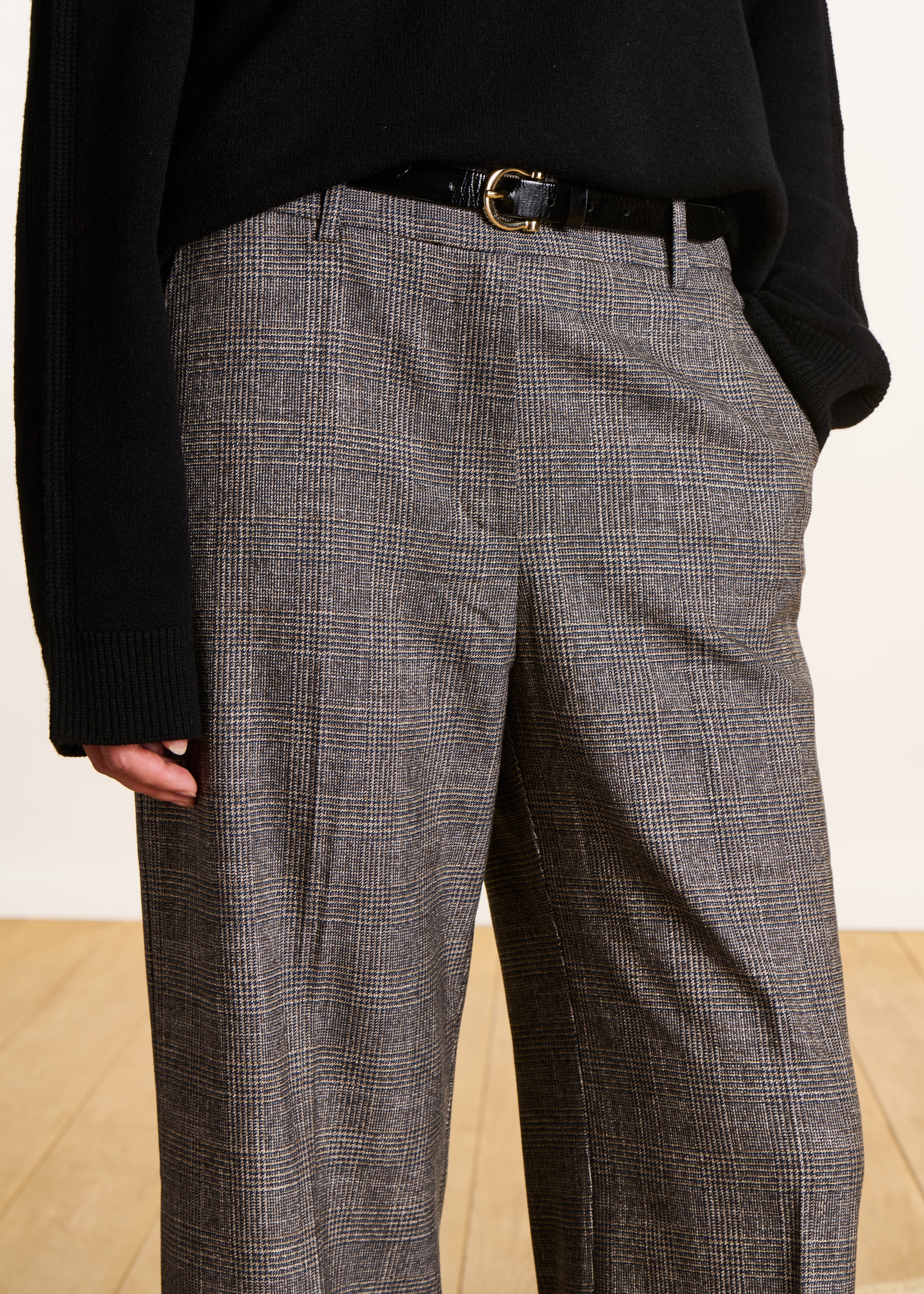 Pantalon droit gris à carreaux taille haute