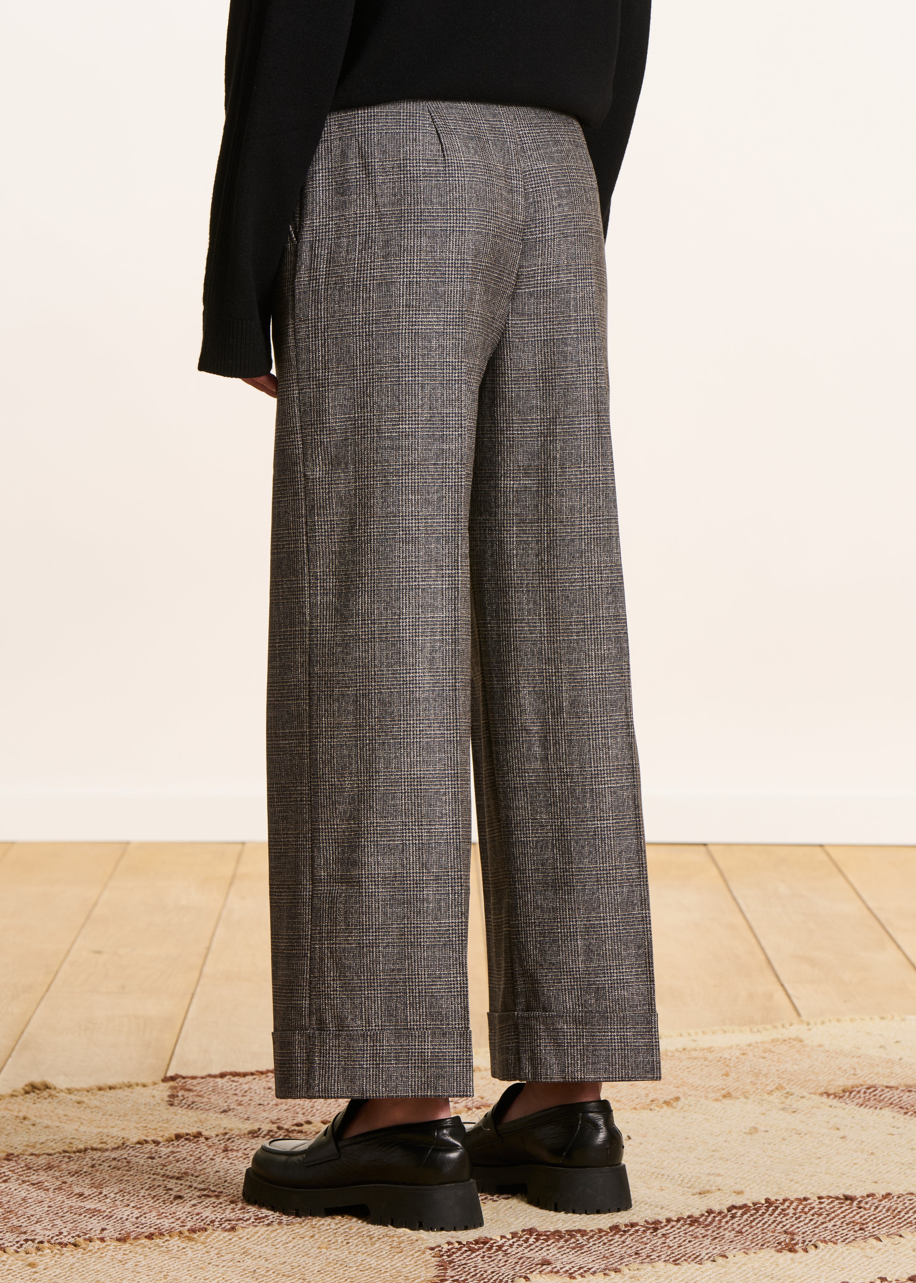 Pantalon droit gris à carreaux taille haute