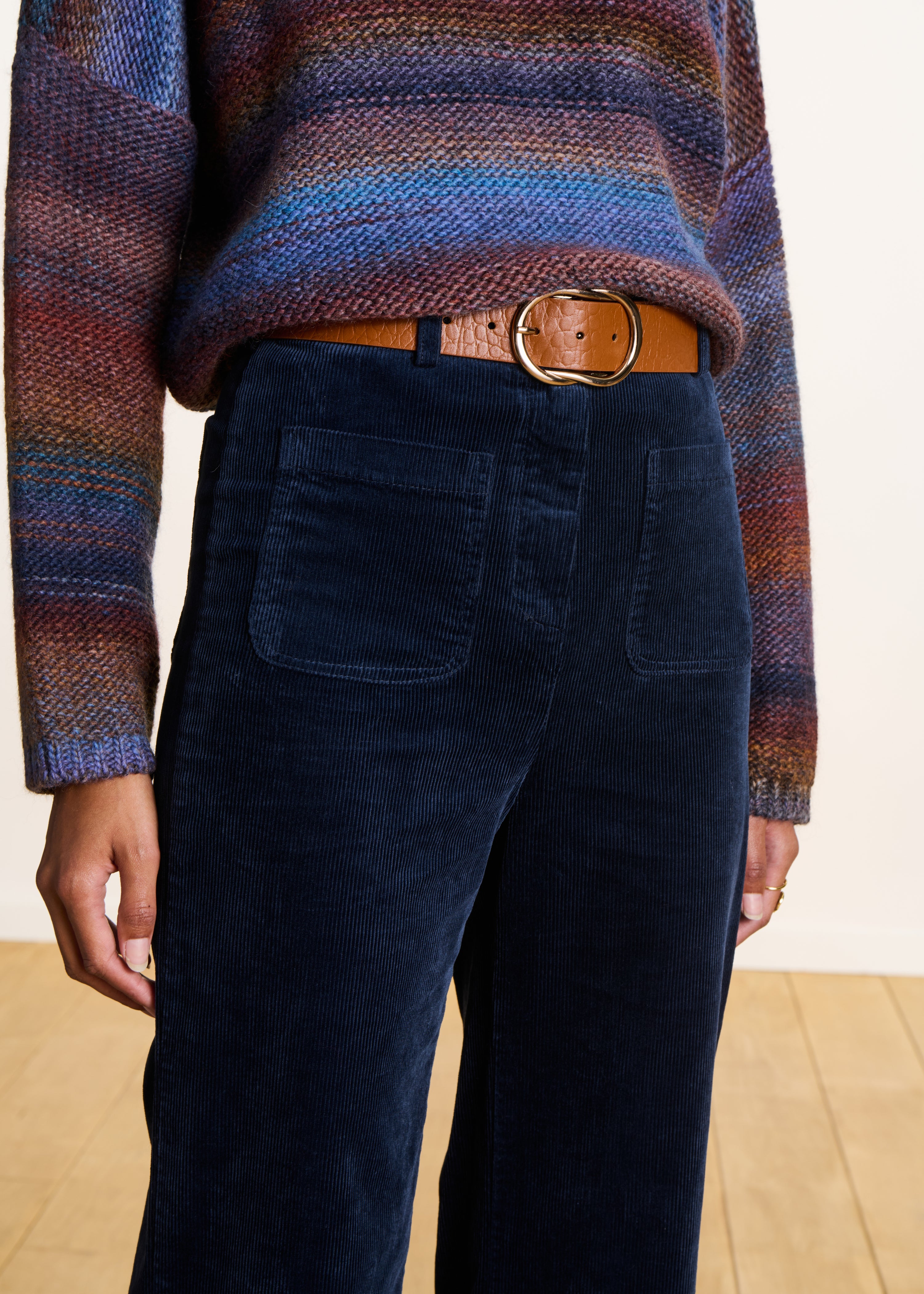 Pantalon large bleu foncé en velours côtelé taille haute