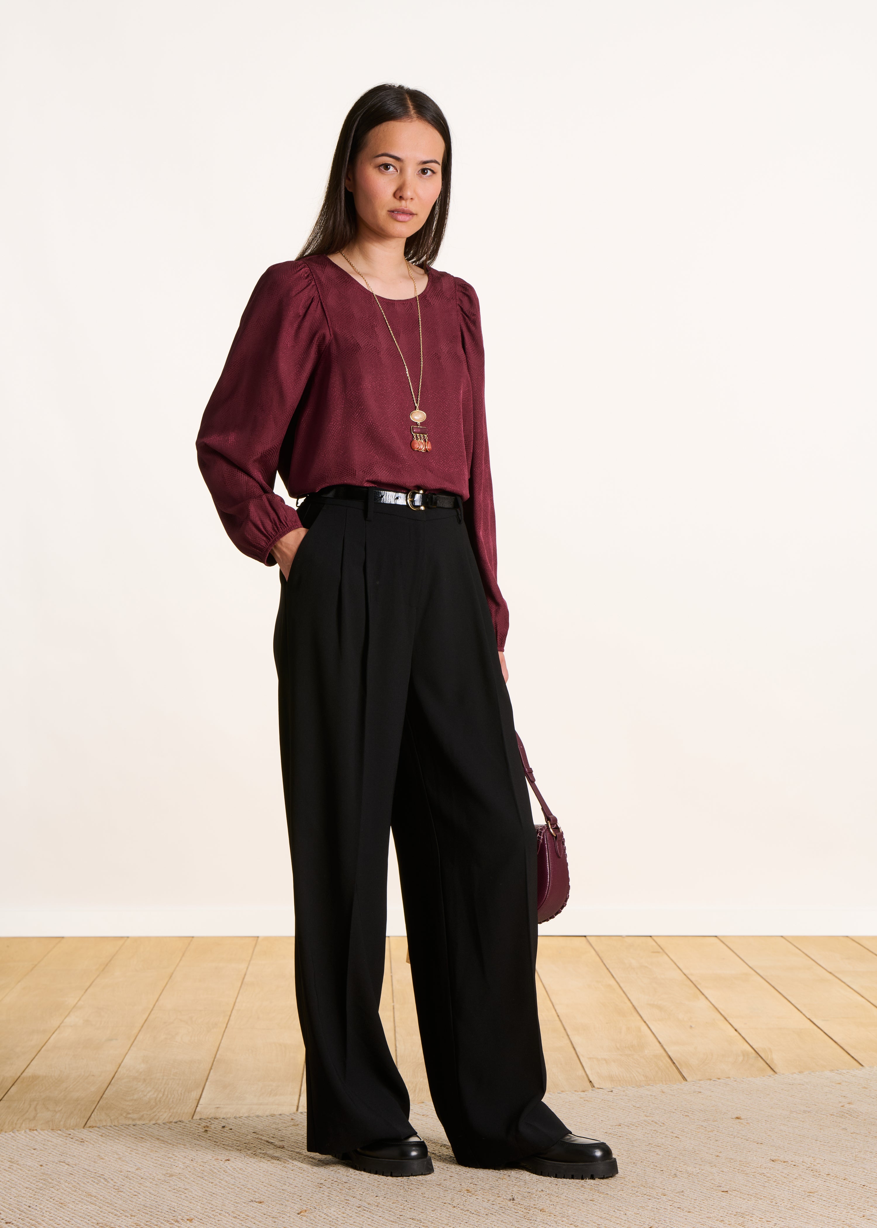 Pantalon large noir doublé à taille haute