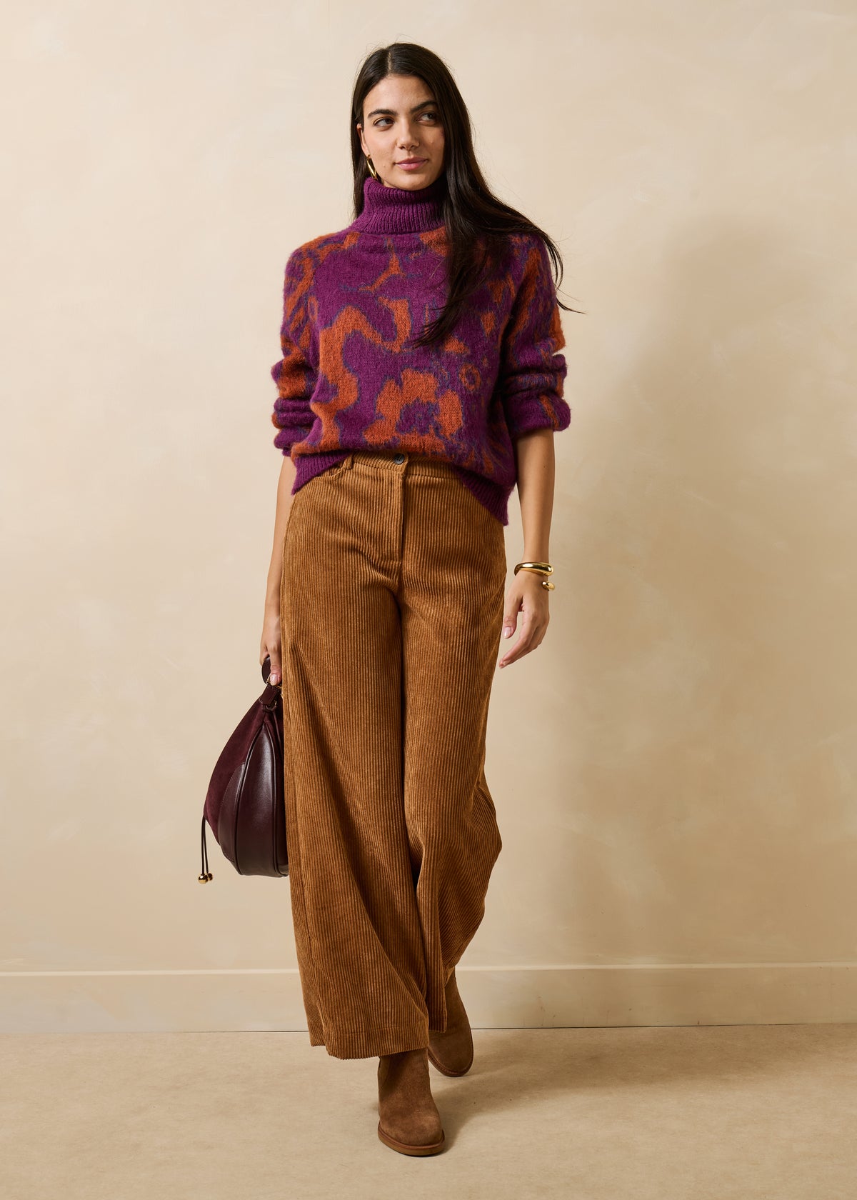 Pantalon large cognac en velours côtelé