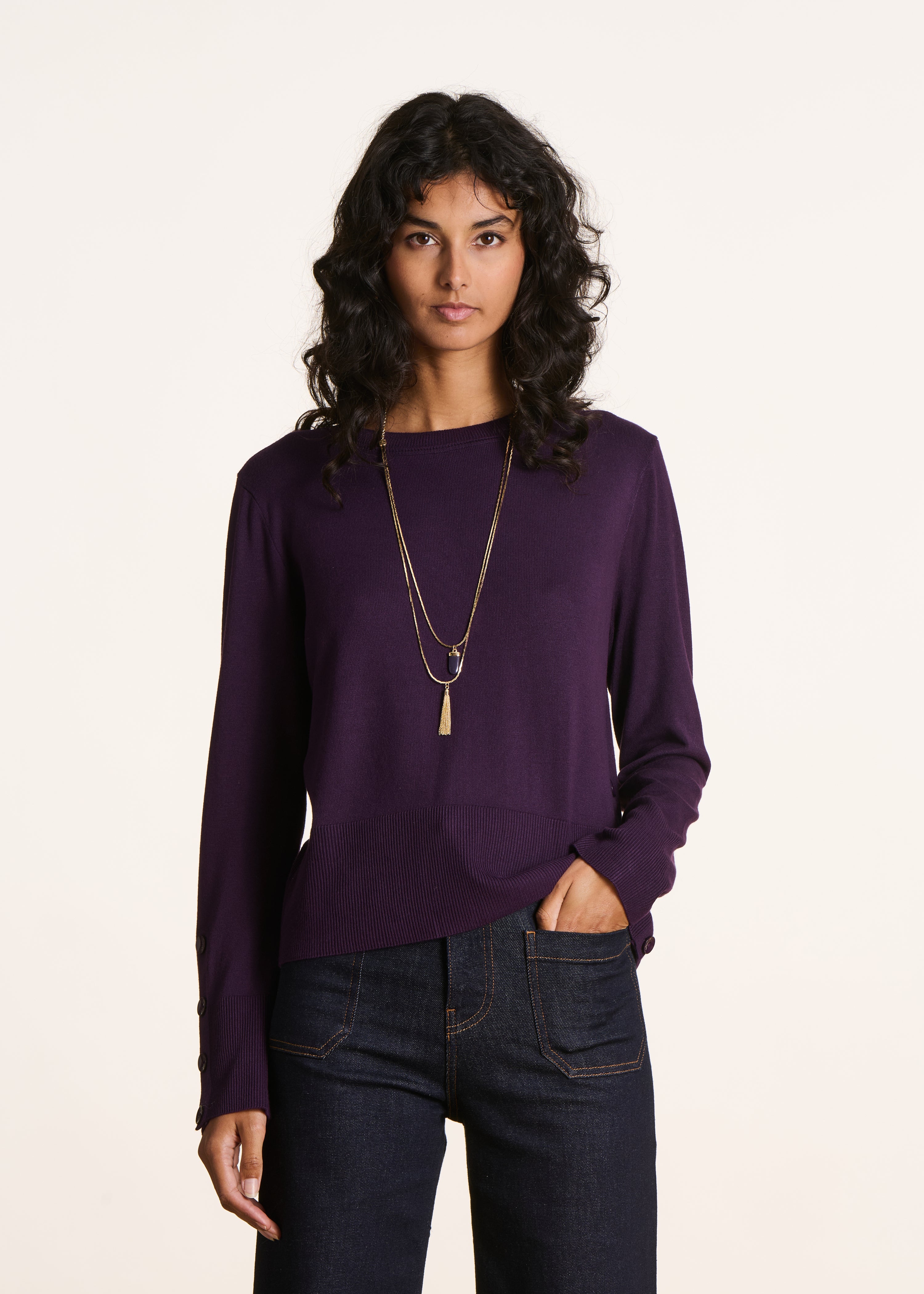 Jumper Purple And Black Crew Neck Purple Long-sleeved Round-neck