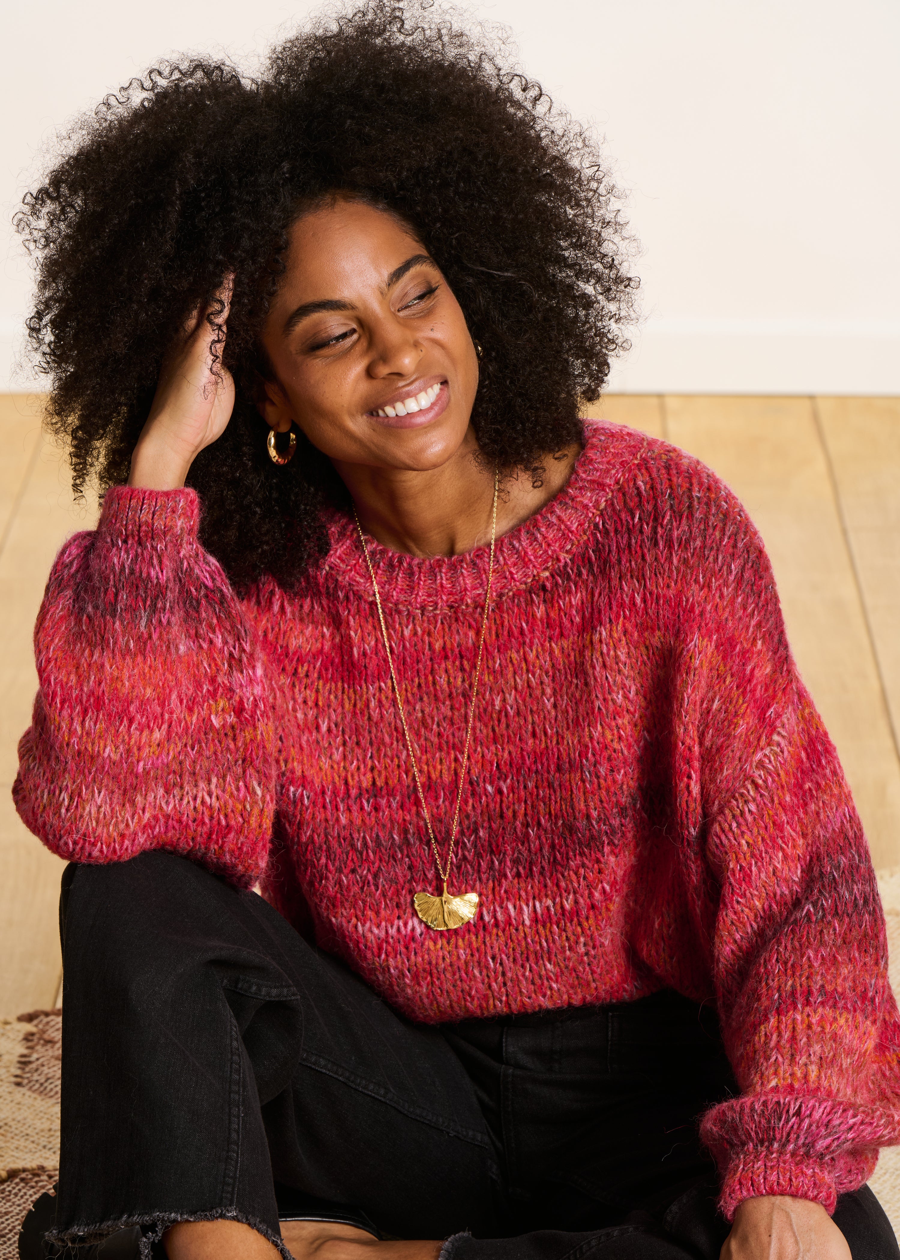 Pink long-sleeved round-neck jumper La Fée Maraboutée