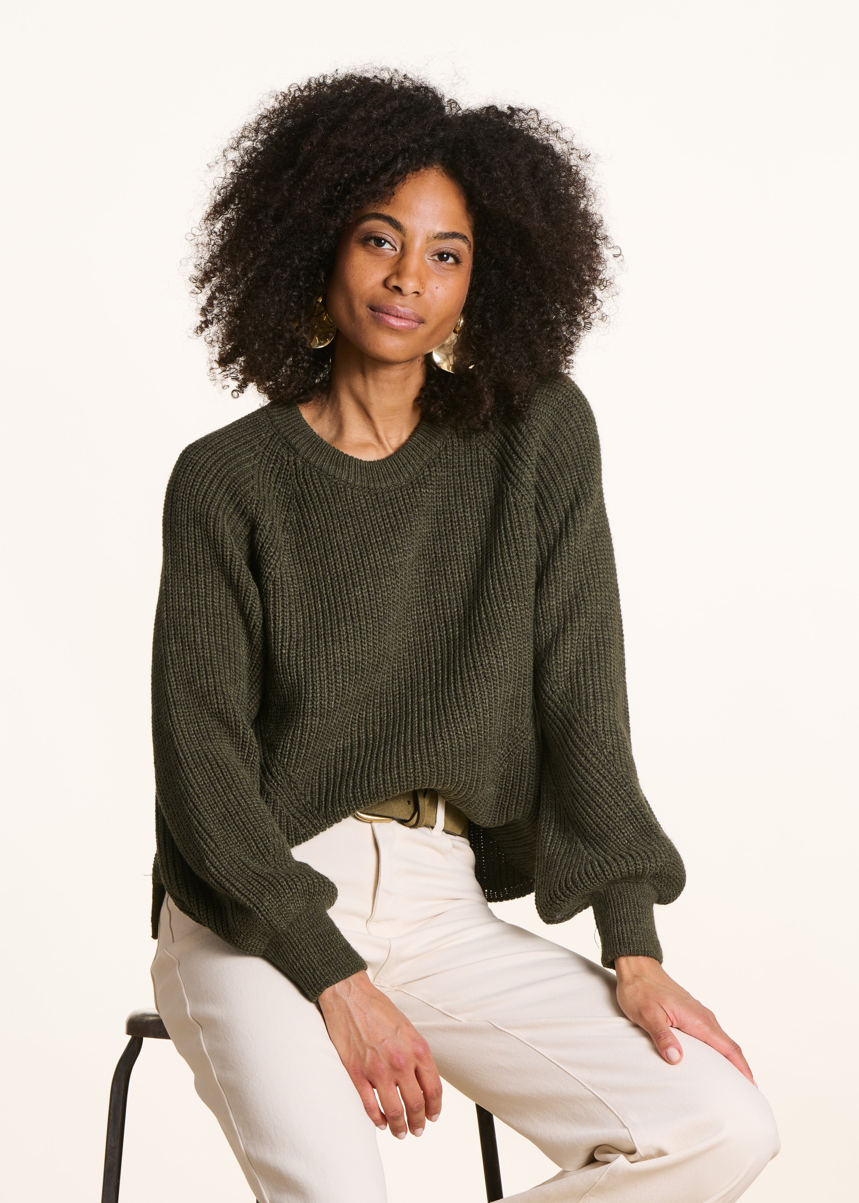 Pull kaki manches longues col rond