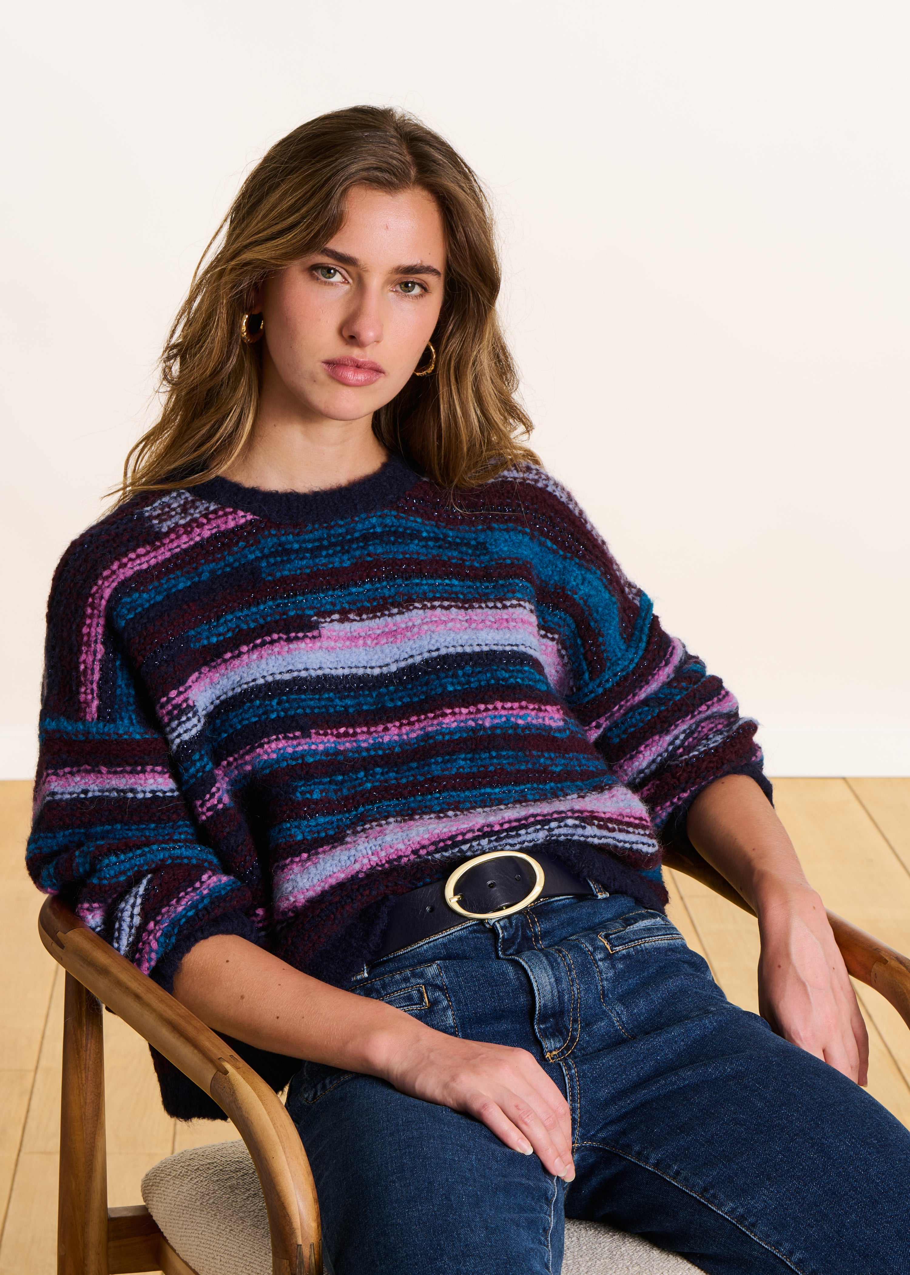 Blue striped multicolor round neck sweater La Fée Maraboutée