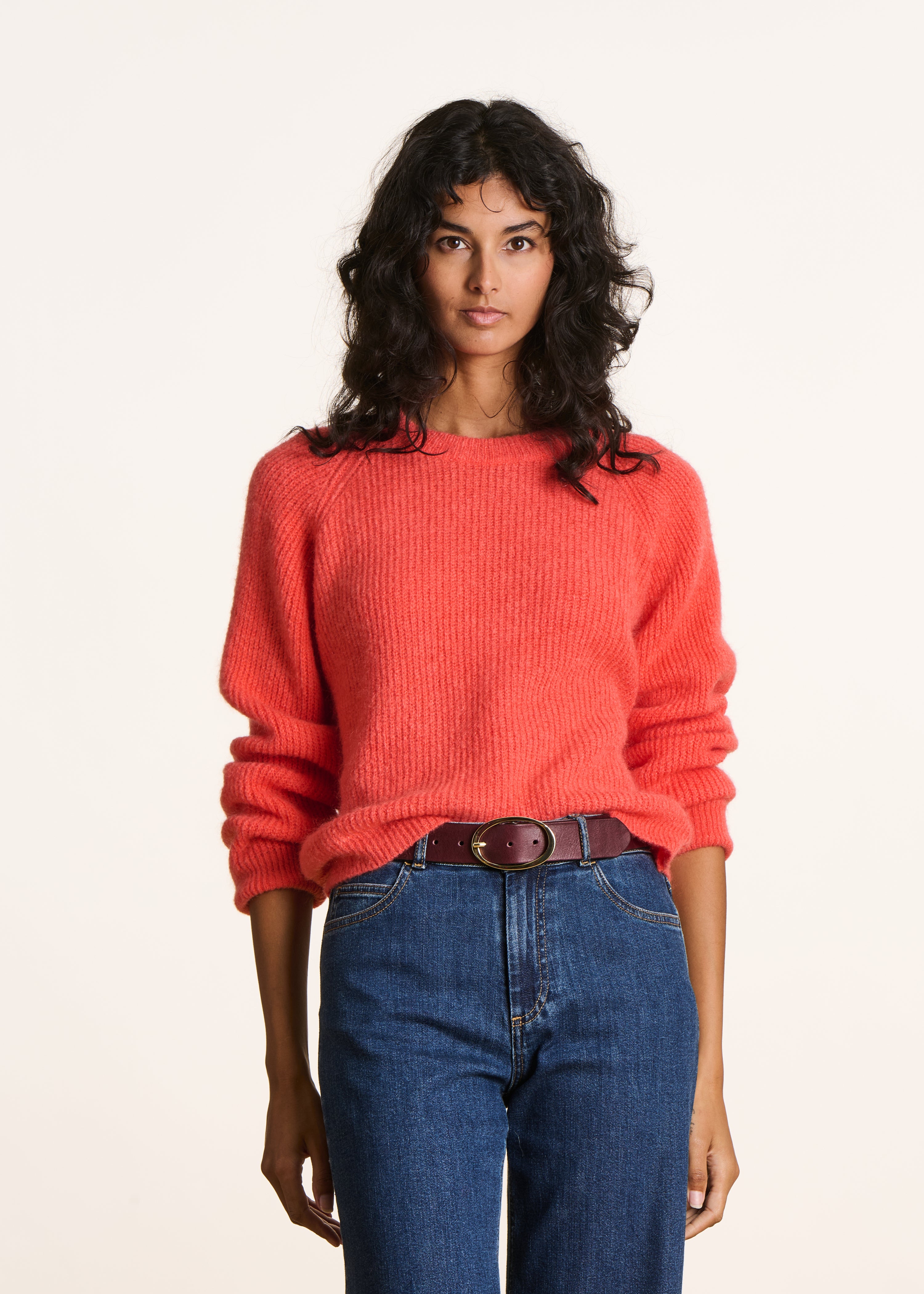 Coral long sleeve round neck ribbed knit sweater