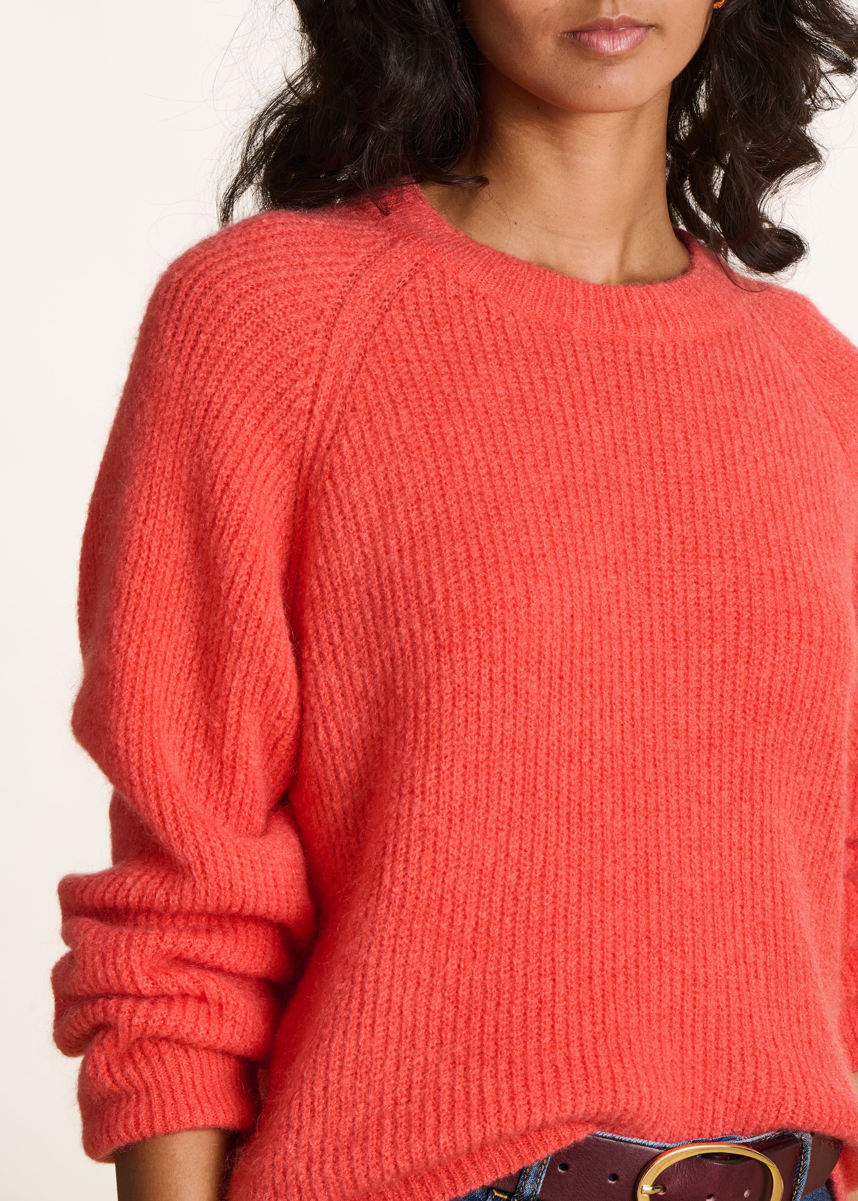 Coral long sleeve round neck ribbed knit sweater