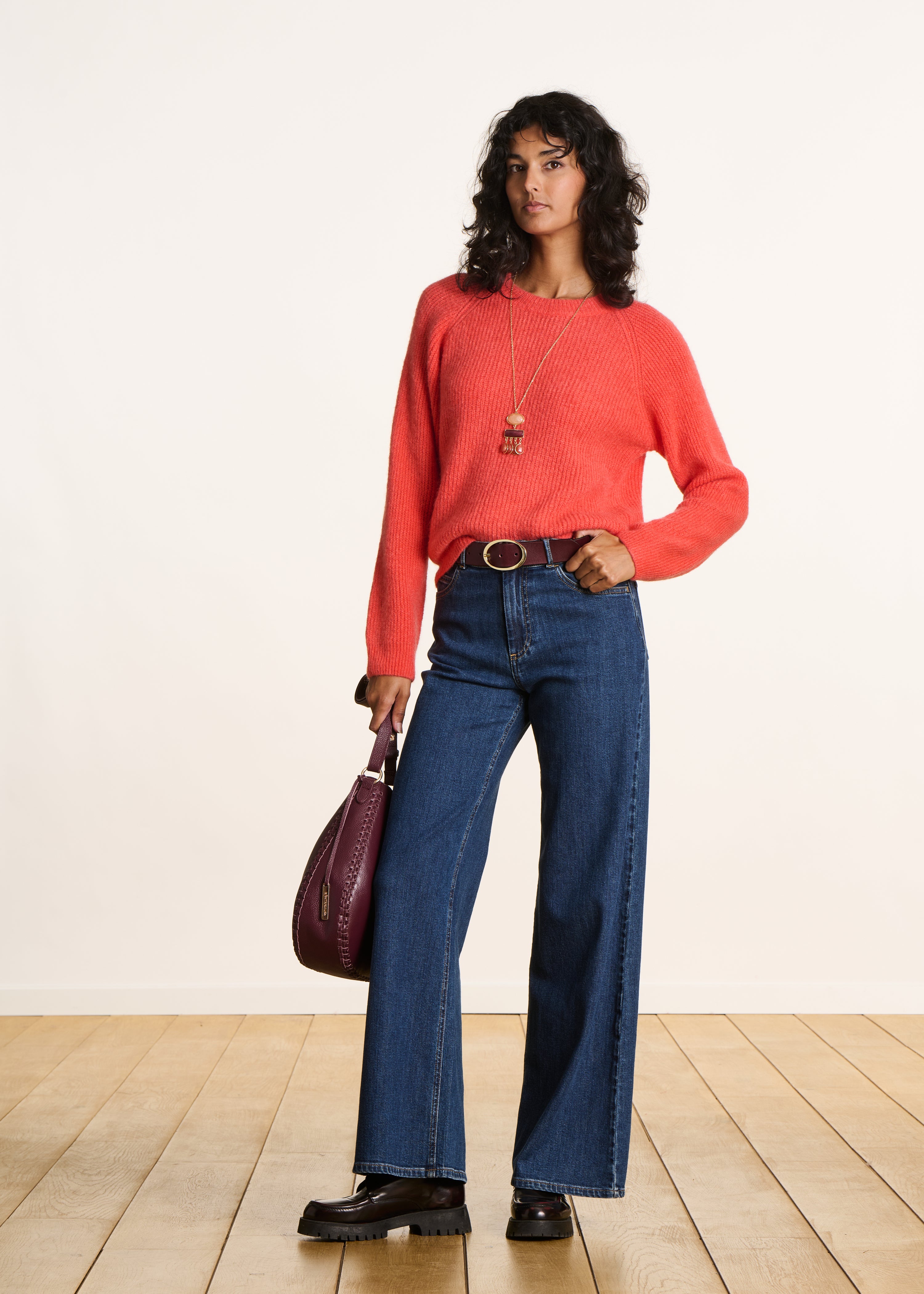 Coral long sleeve round neck ribbed knit sweater