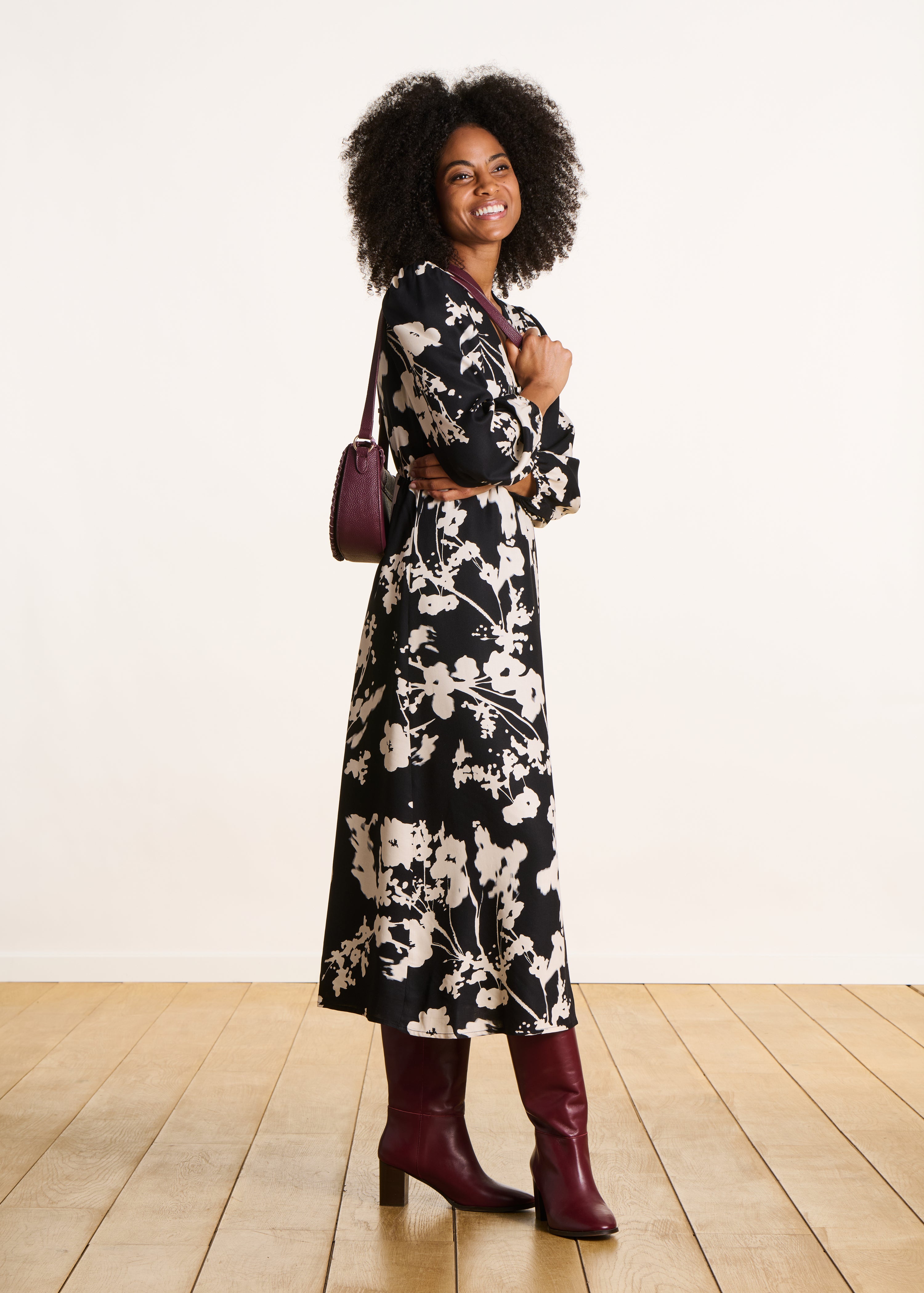 Robe longue à imprimé noir et blanc manches longues