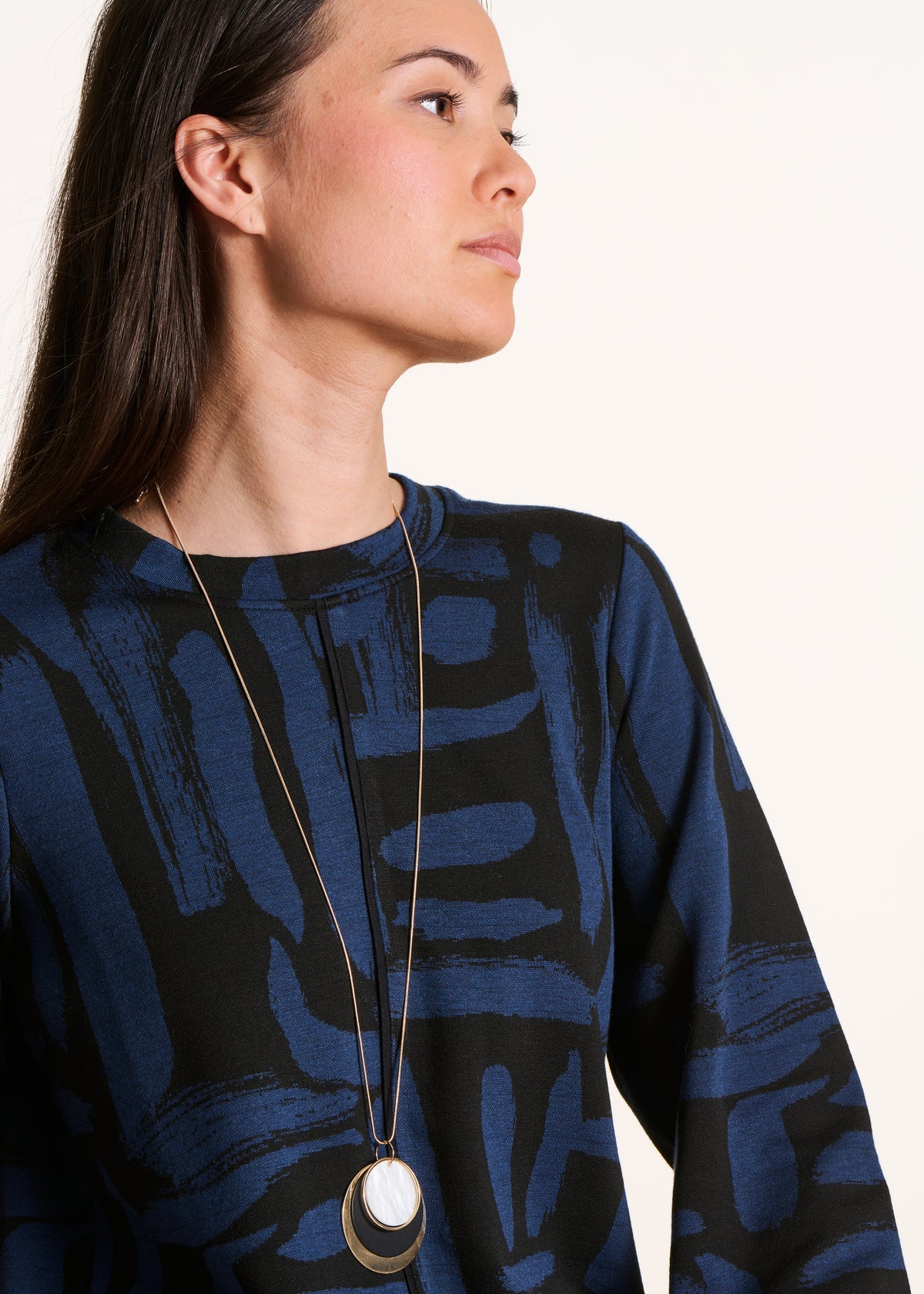 Abito corto nero e blu in jacquard stampato