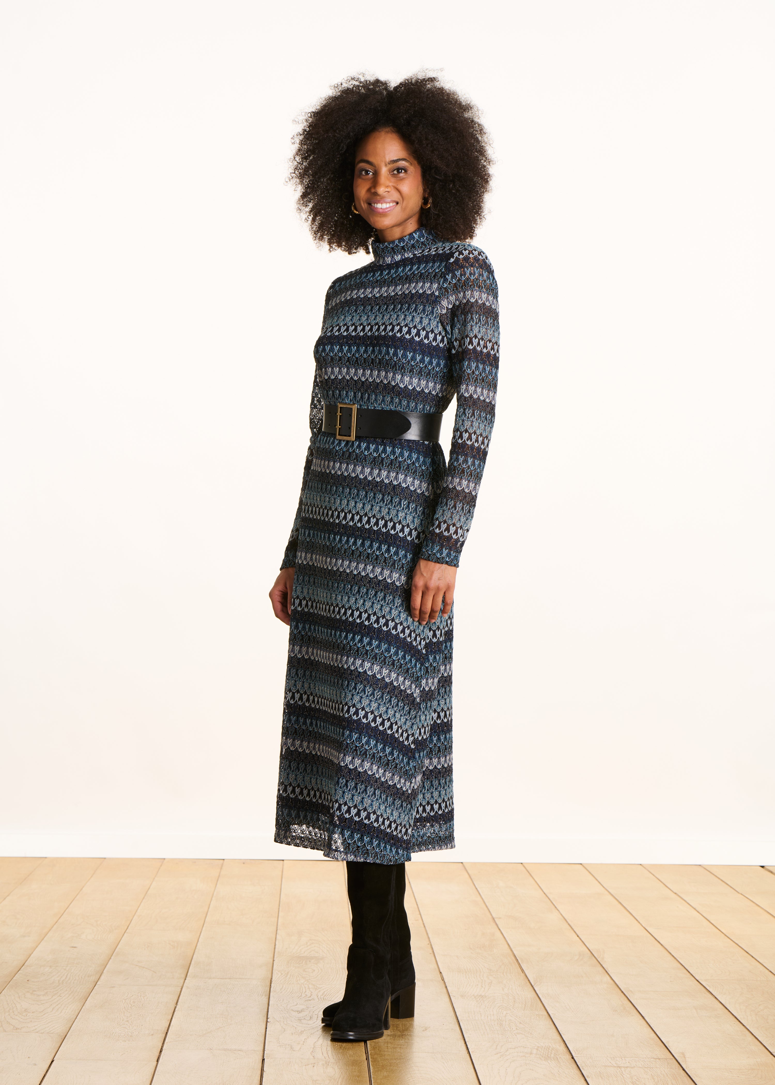 Long blue crochet dress with long sleeves