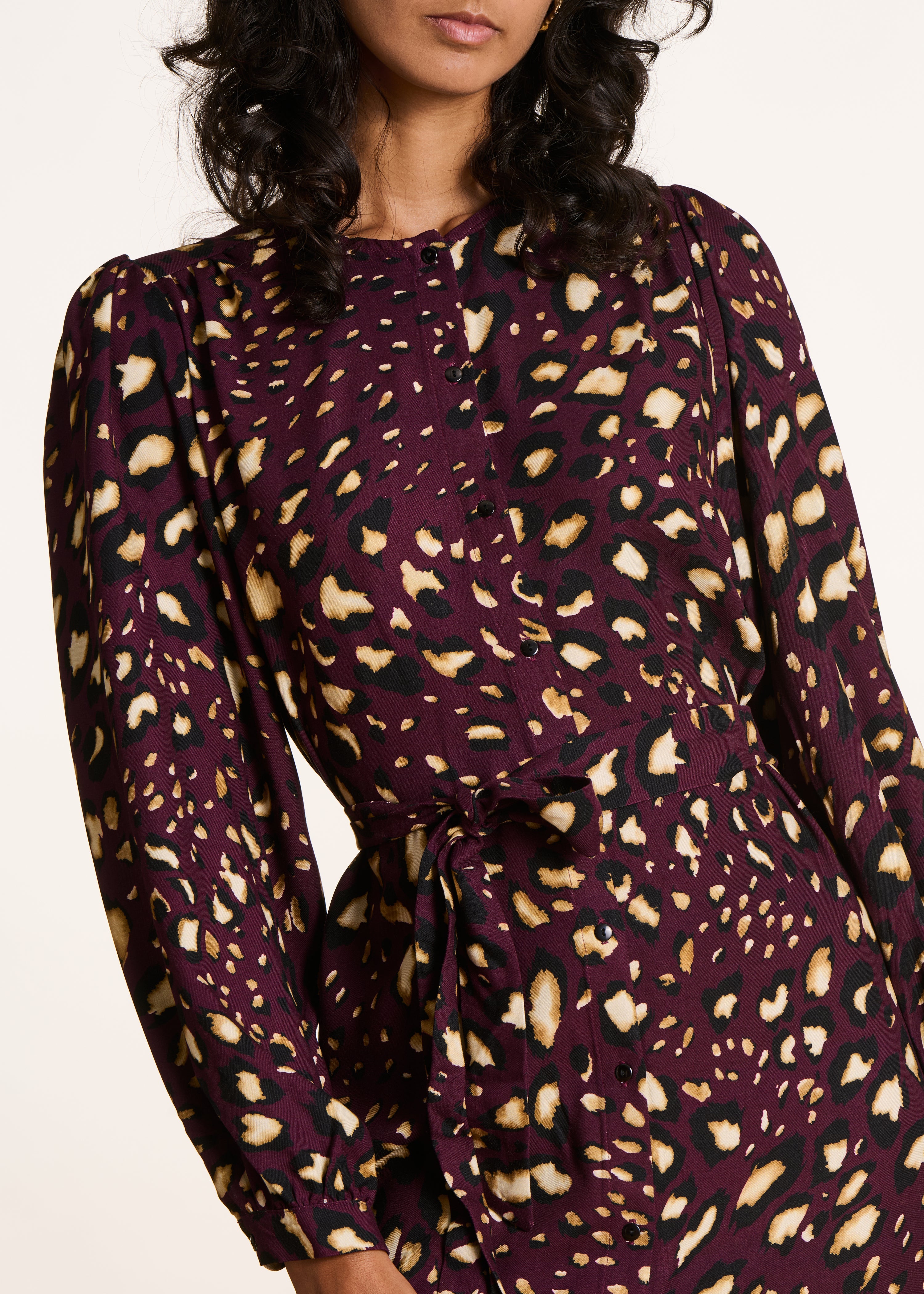 Short buttoned dress with burgundy leopard print