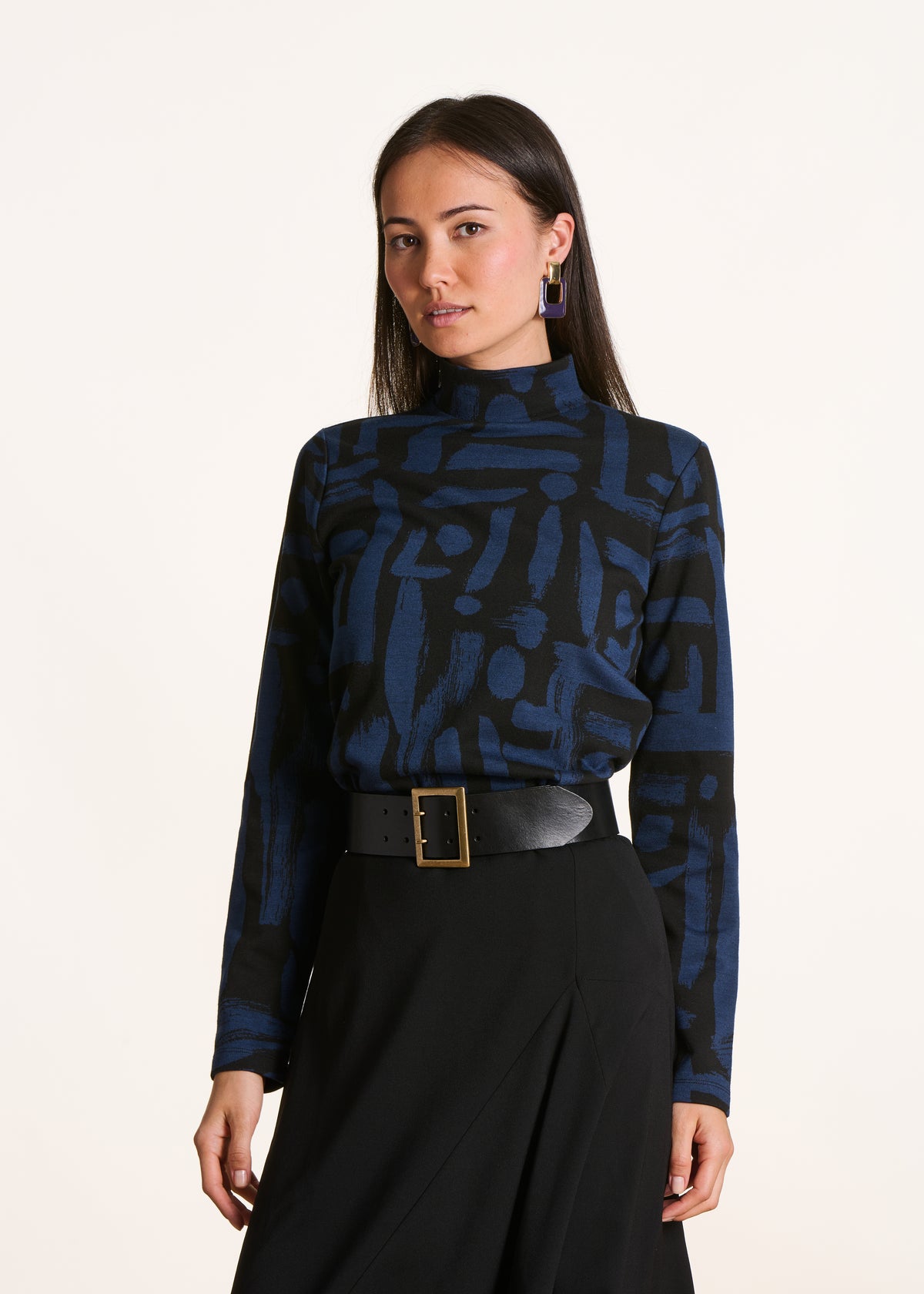 T-Shirt schwarz und blau aus Jacquard mit Print, langärmlig