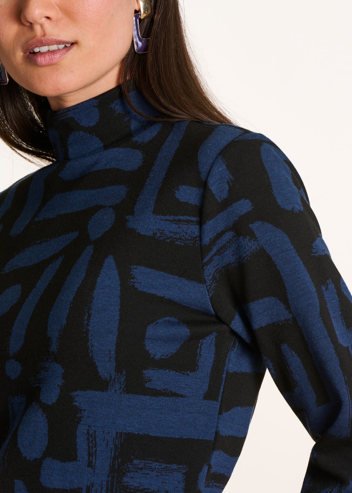 T-Shirt schwarz und blau aus Jacquard mit Print, langärmlig