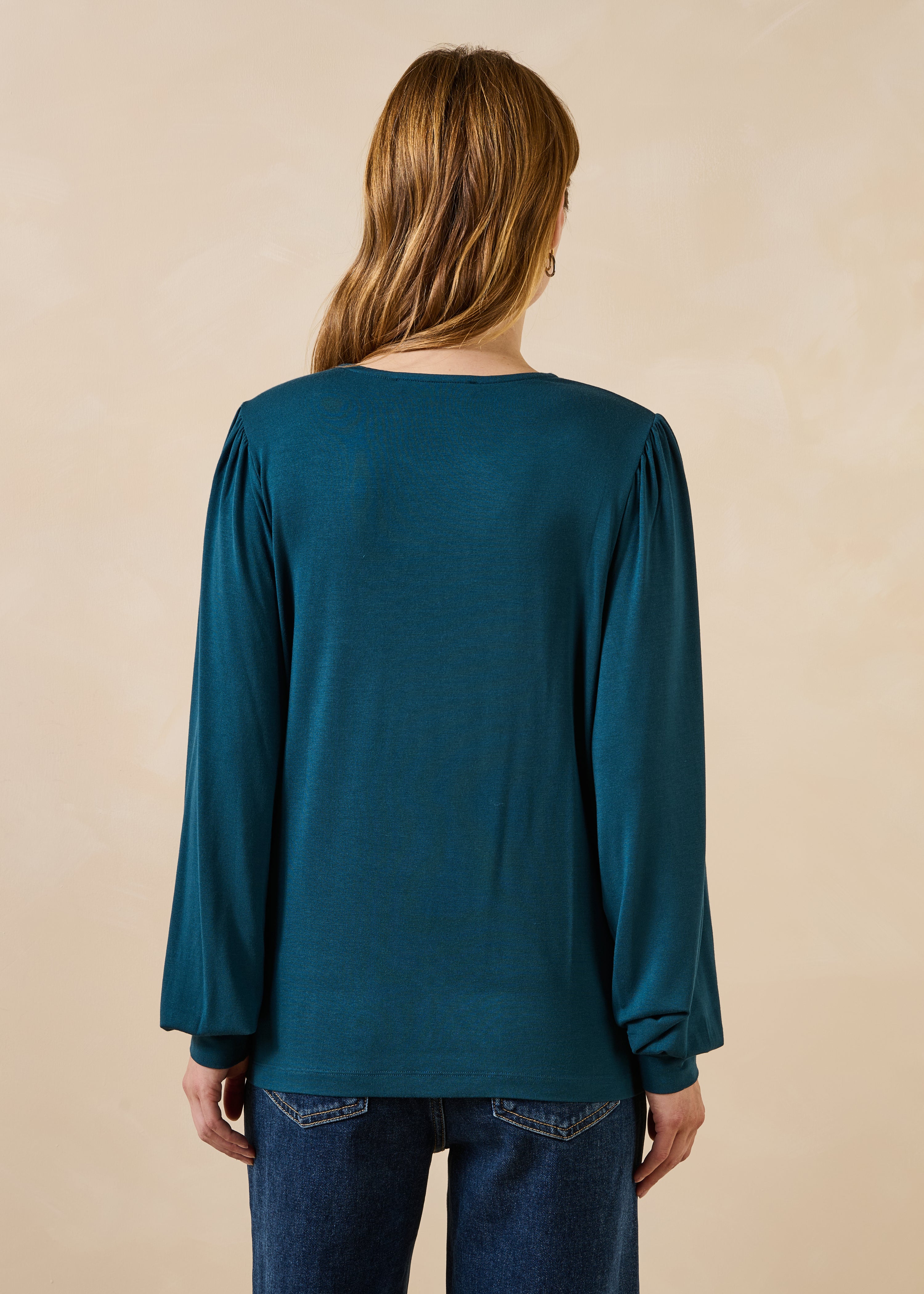 T-shirt blu petrolio maniche lunghe collo rotondo