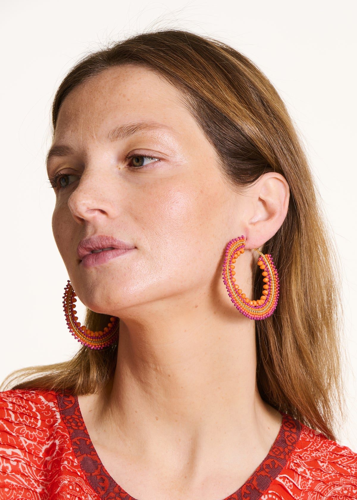 Orange pearl hoop earrings