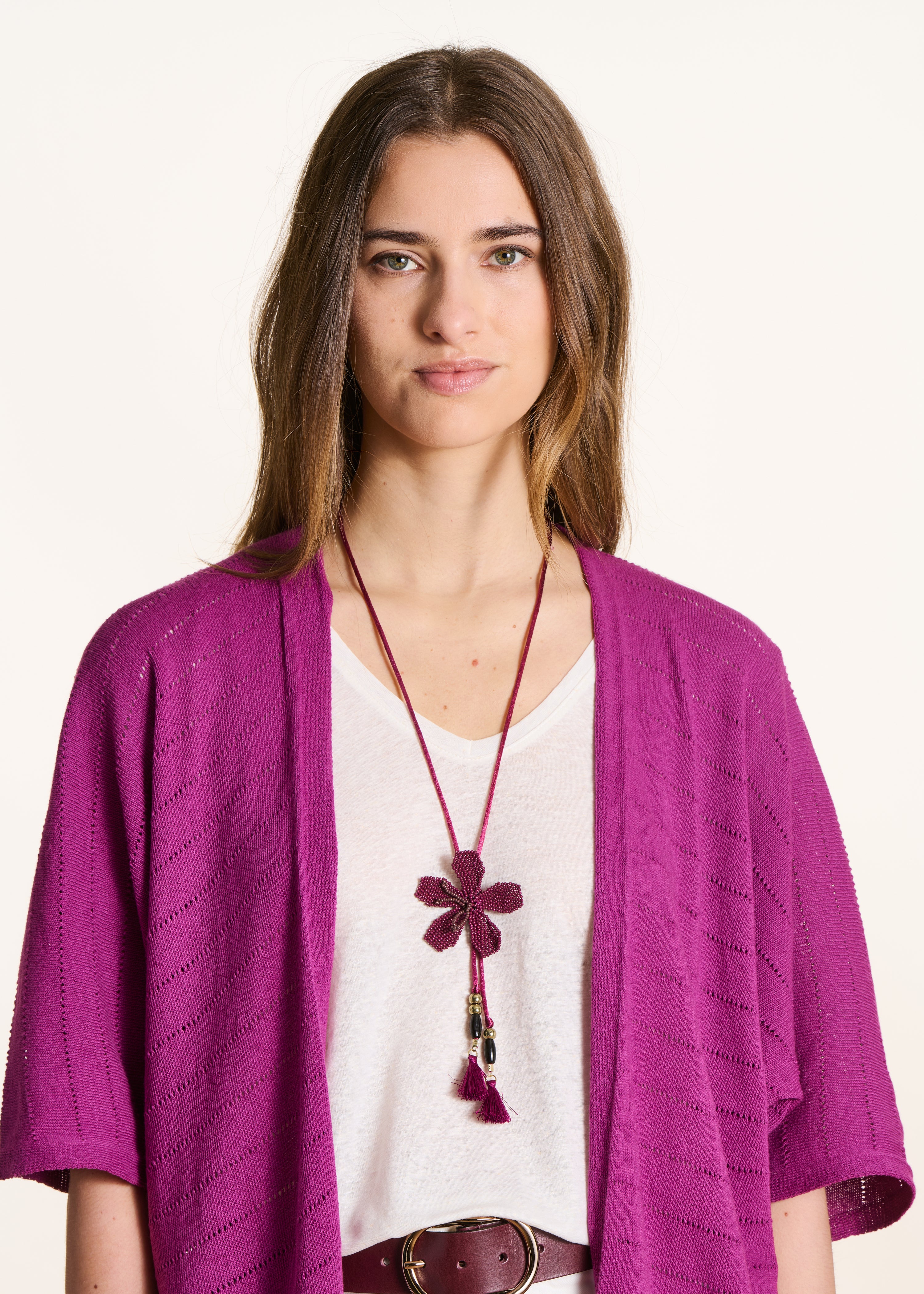 Long necklace with purple glass bead flower