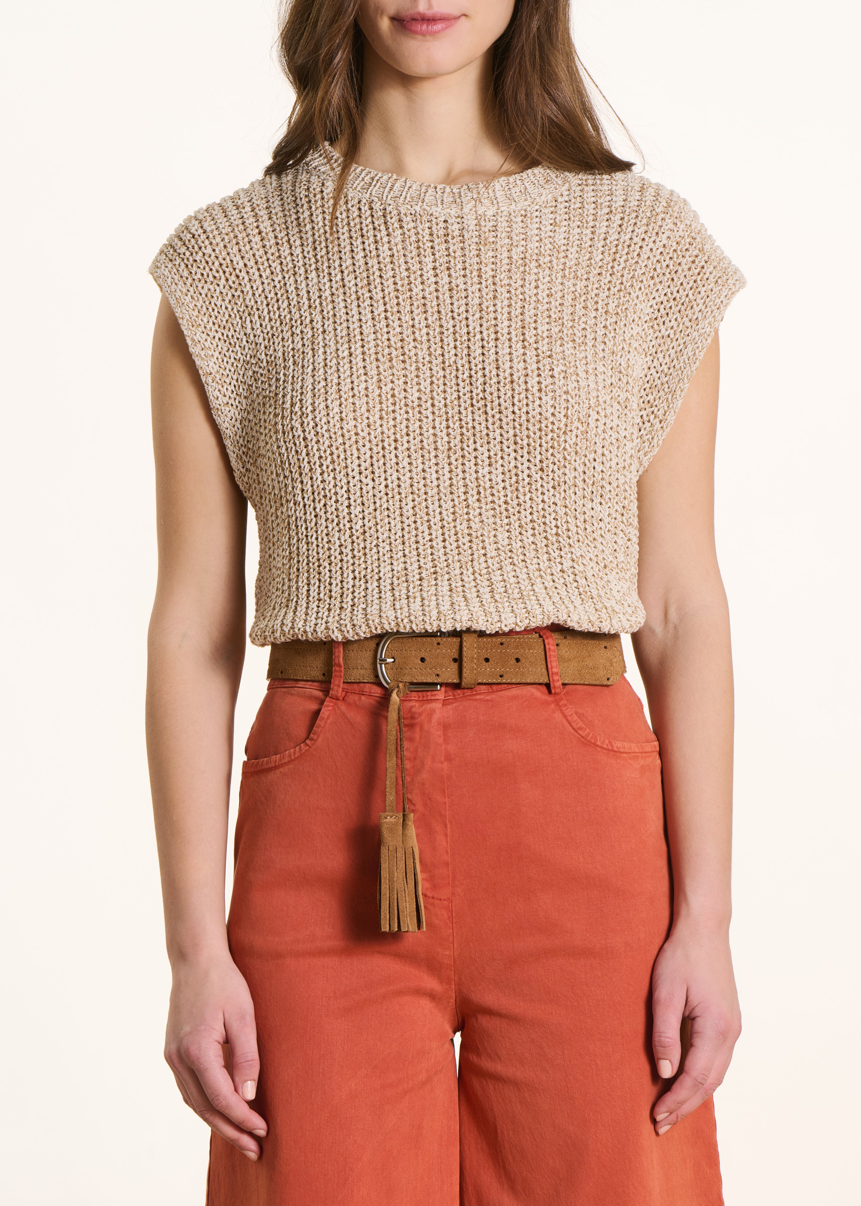 Ceinture camel en cuir avec pompons