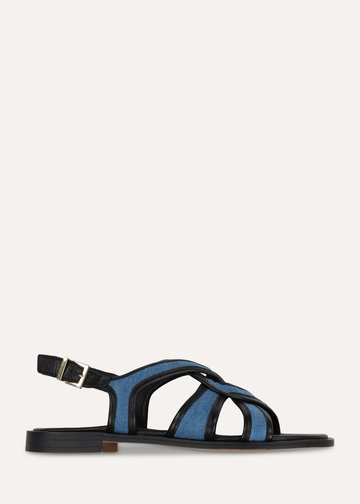 Sandales plates en cuir noir et denim