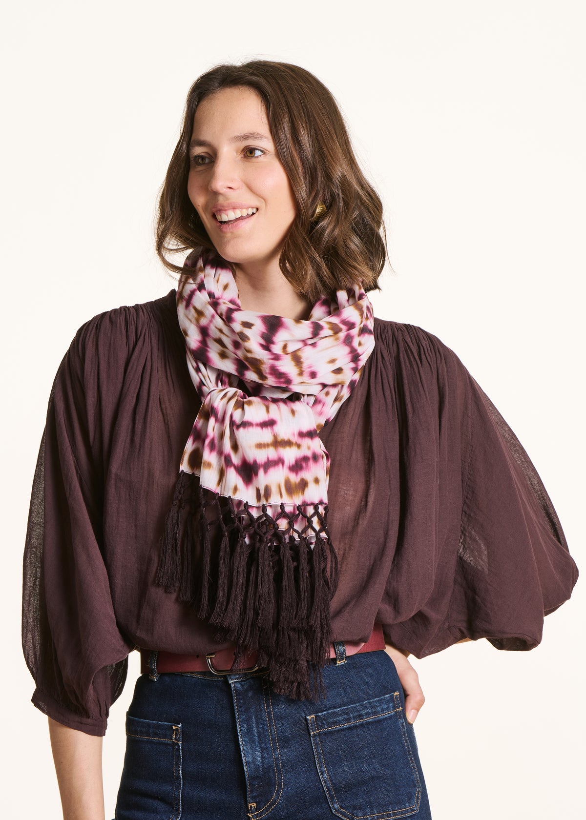 Burgundy tie-dye printed cotton scarf