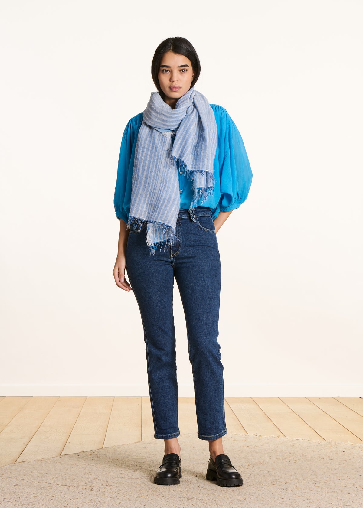Blue cotton scarf with lurex stripes