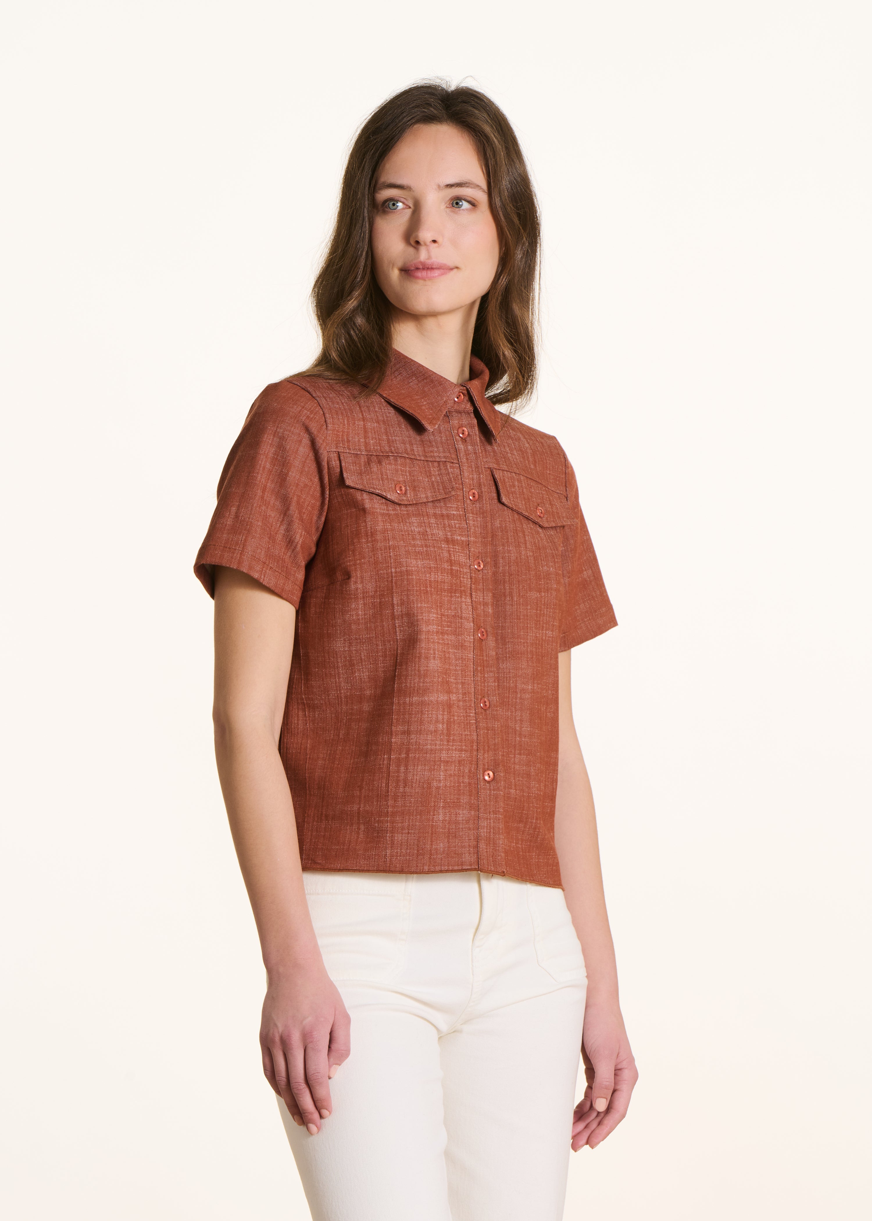 Terracotta denim shirt with short sleeves