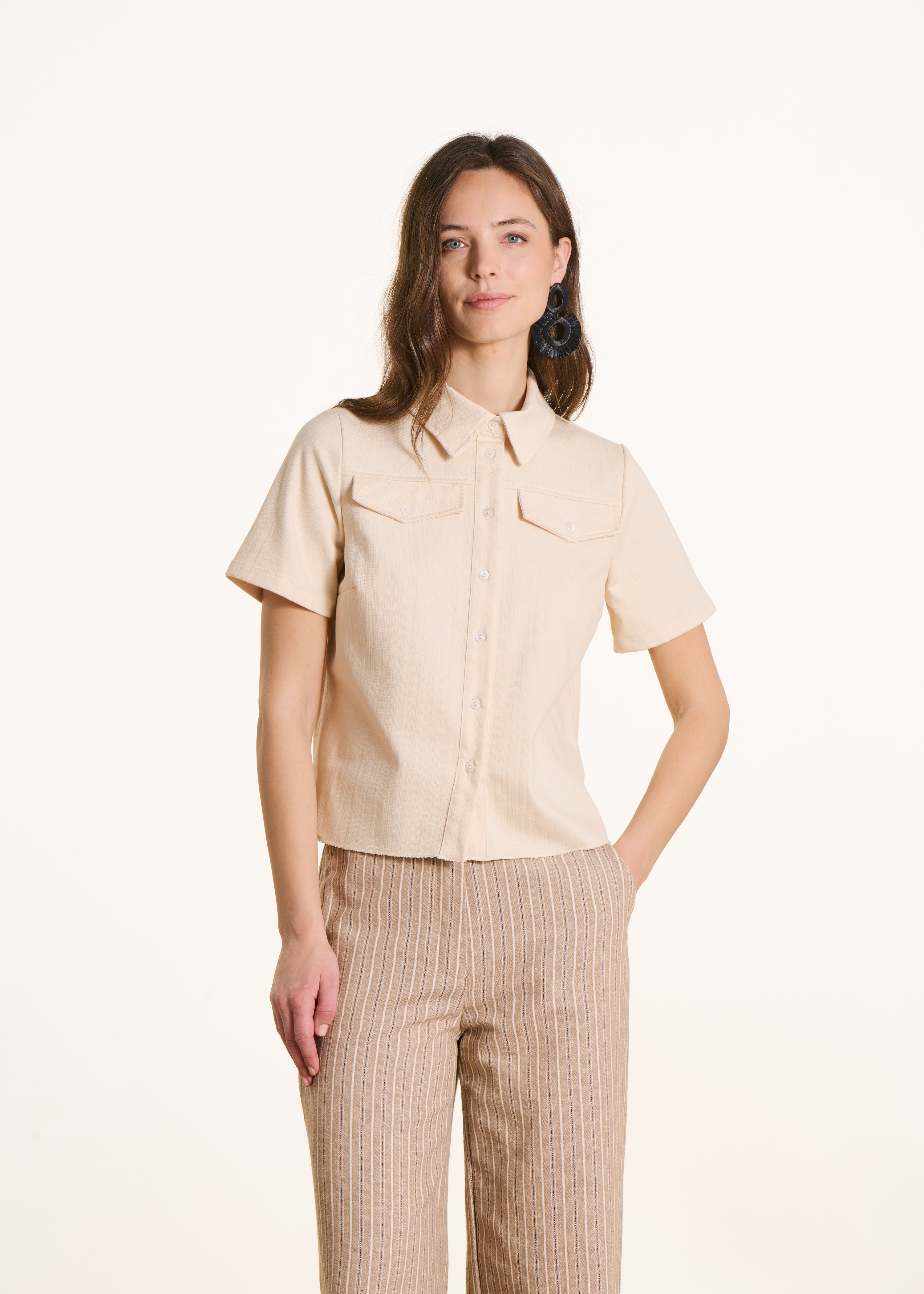 Ecru Denim Shirt with Short Sleeves