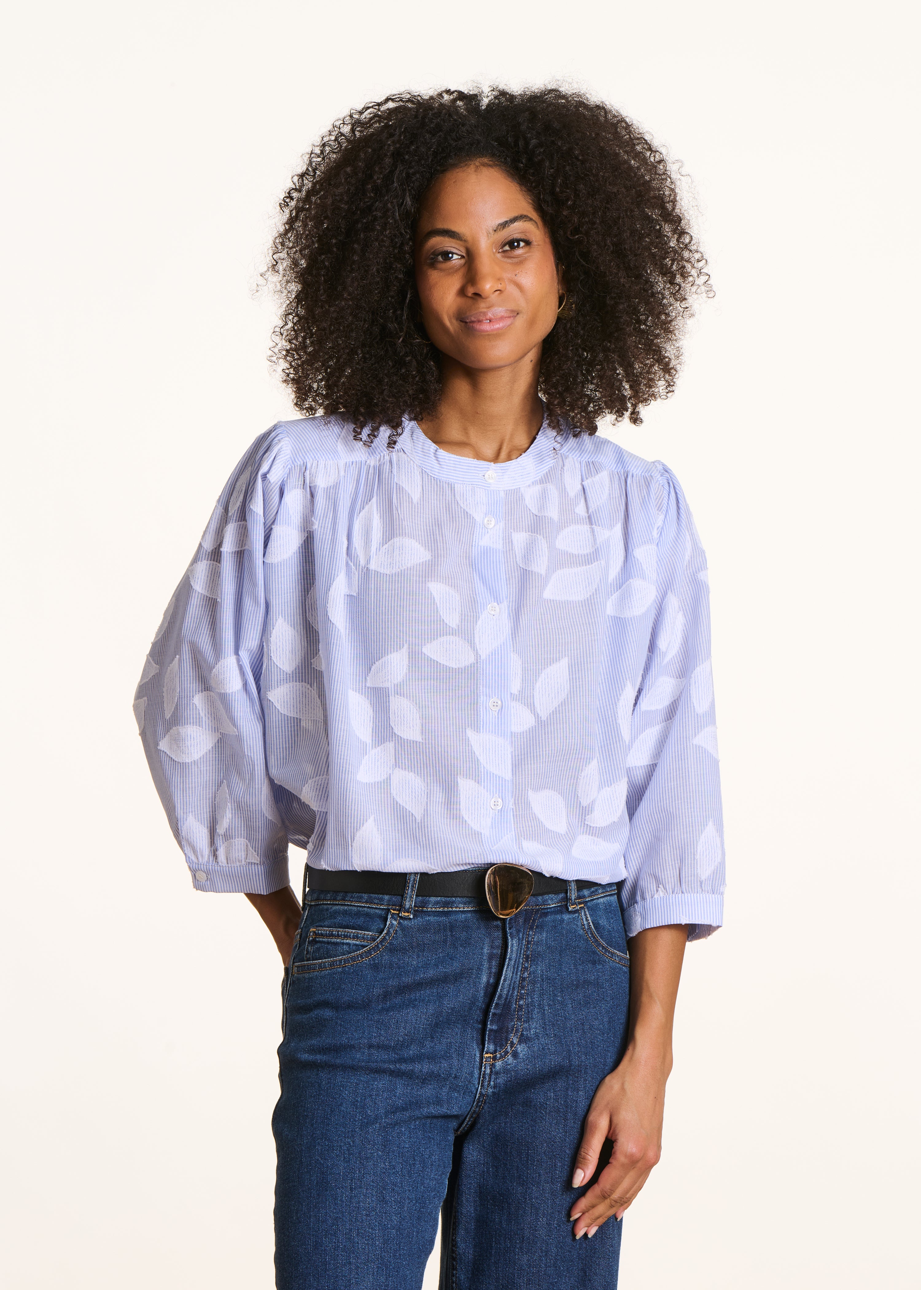 Light blue floral cotton blouse with 3/4 sleeves