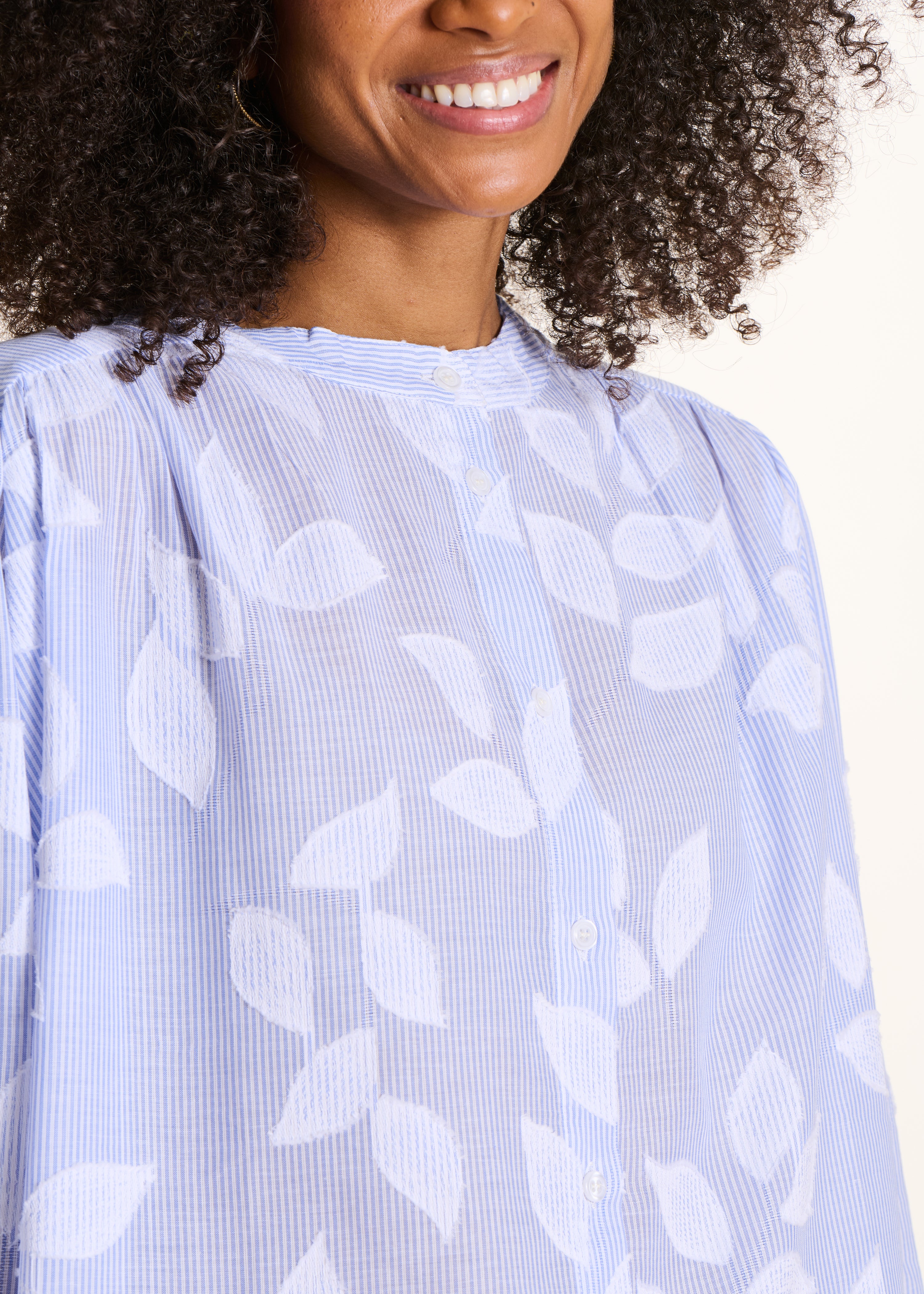 Light blue floral cotton blouse with 3/4 sleeves