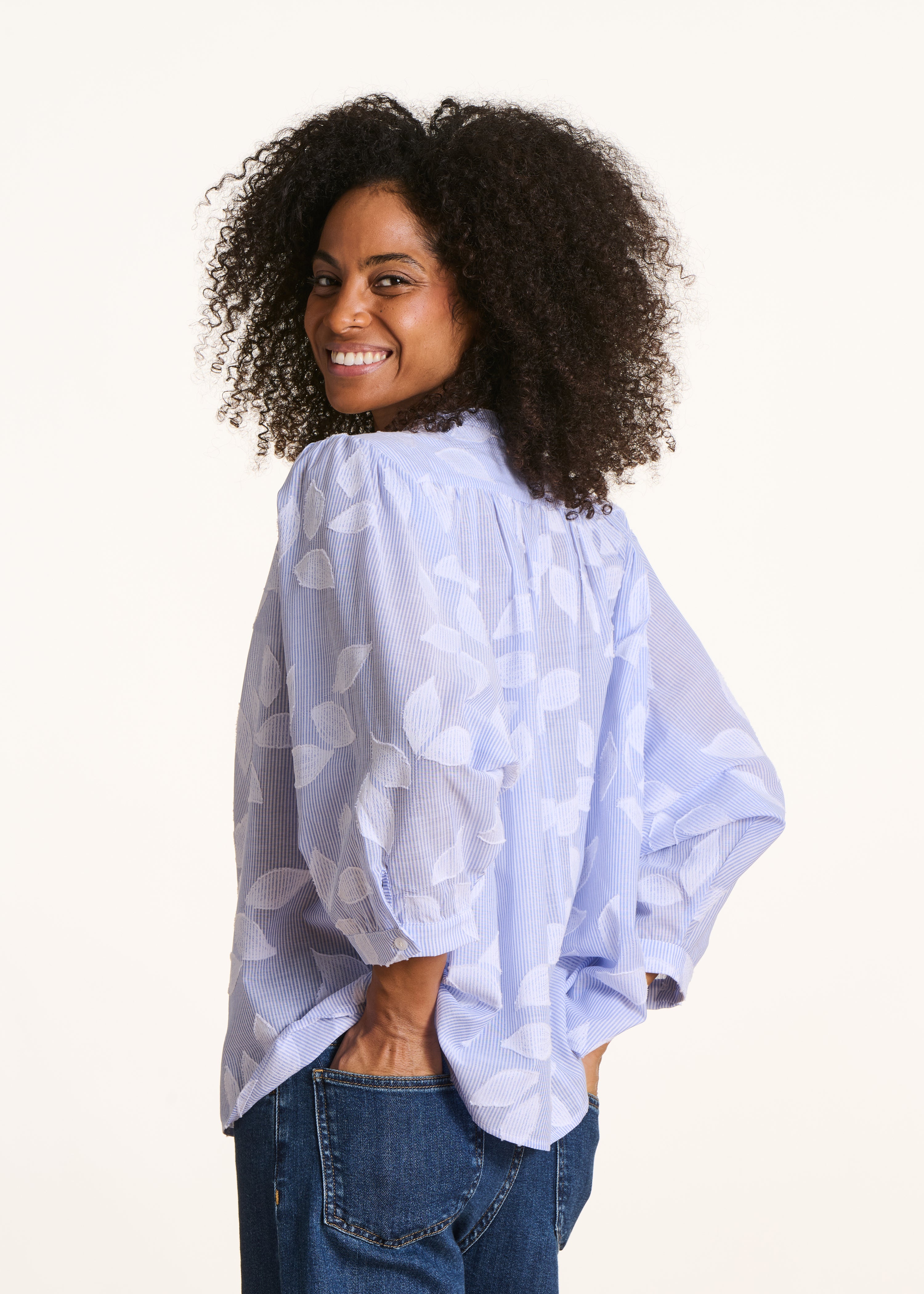 Light blue floral cotton blouse with 3/4 sleeves