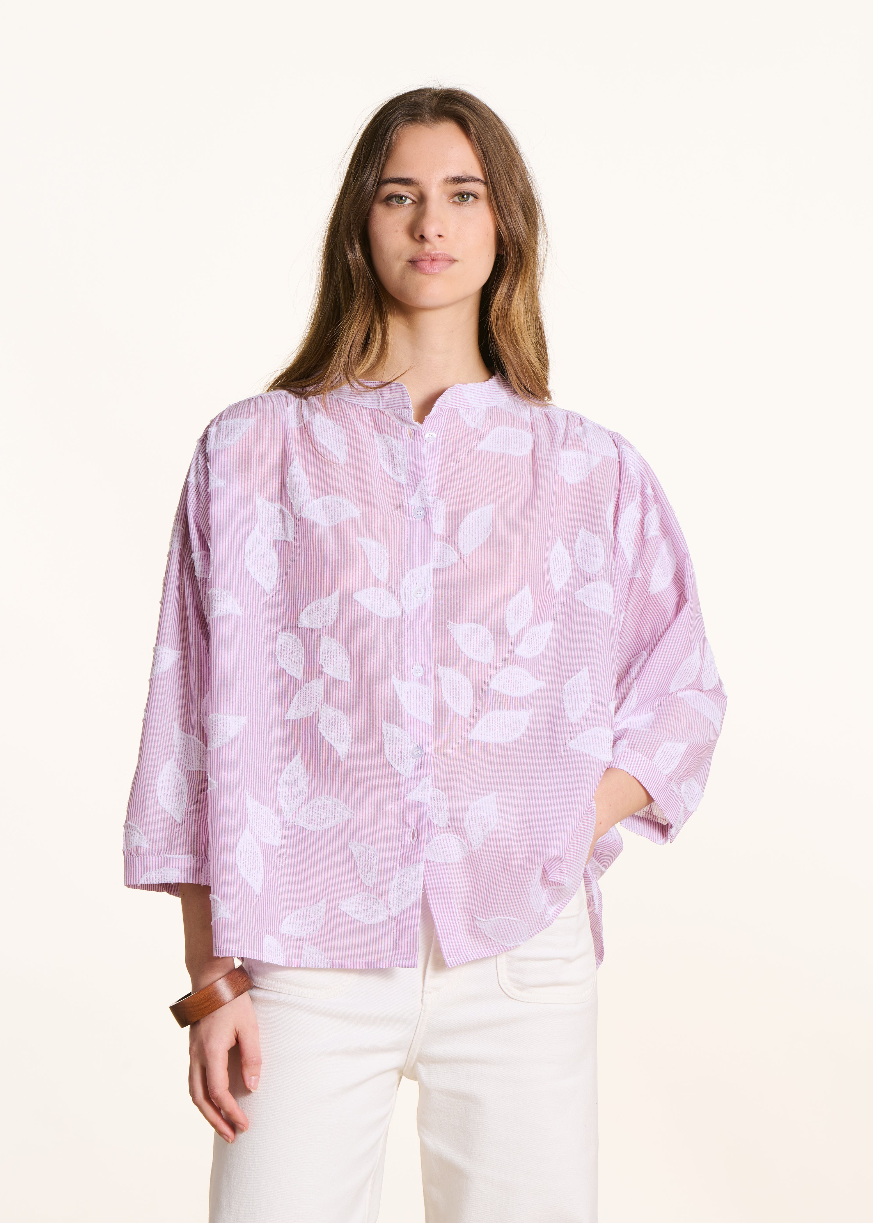 Roze katoenen blouse met bloemenprint en driekwart mouwen
