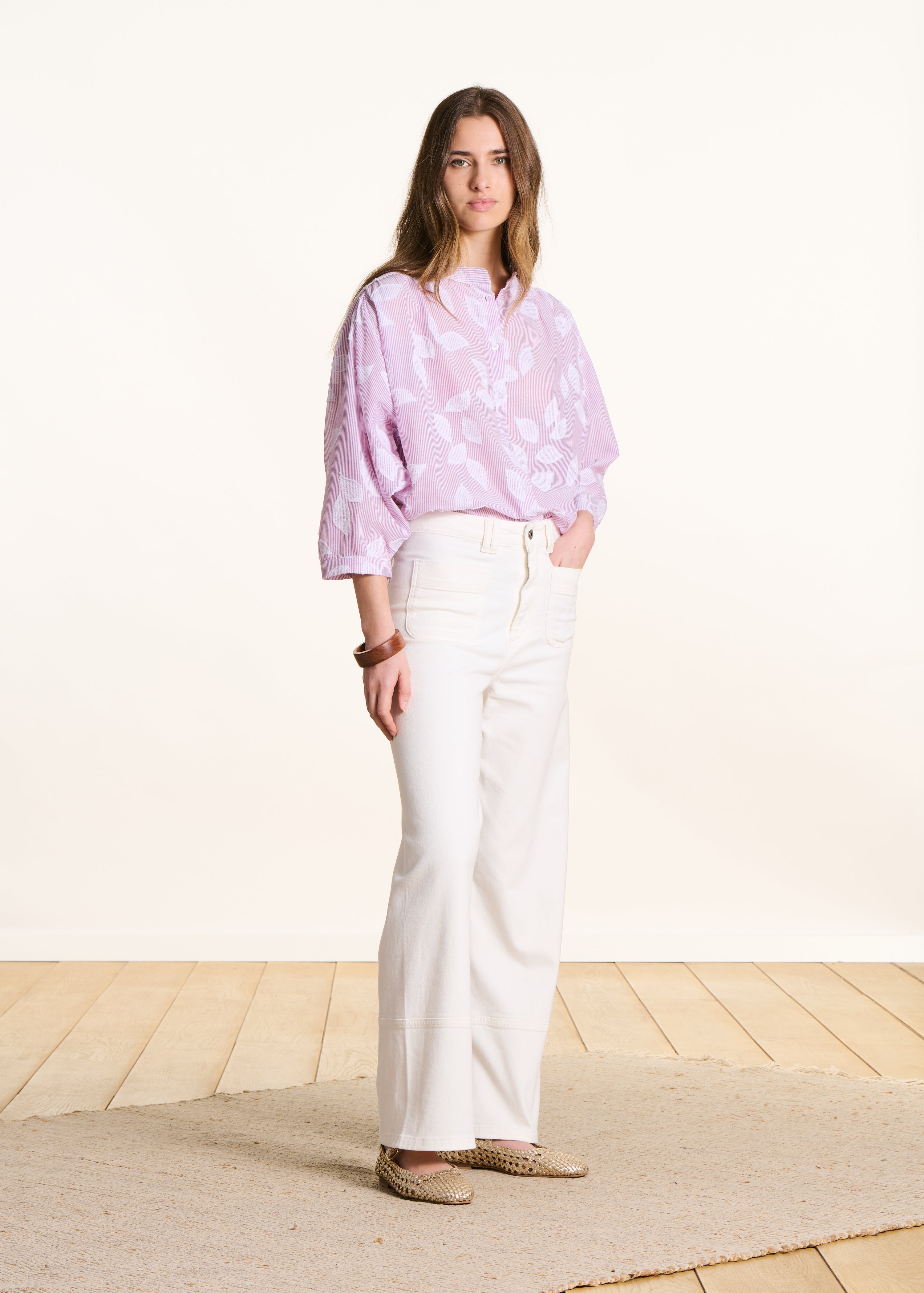 Roze katoenen blouse met bloemenprint en driekwart mouwen