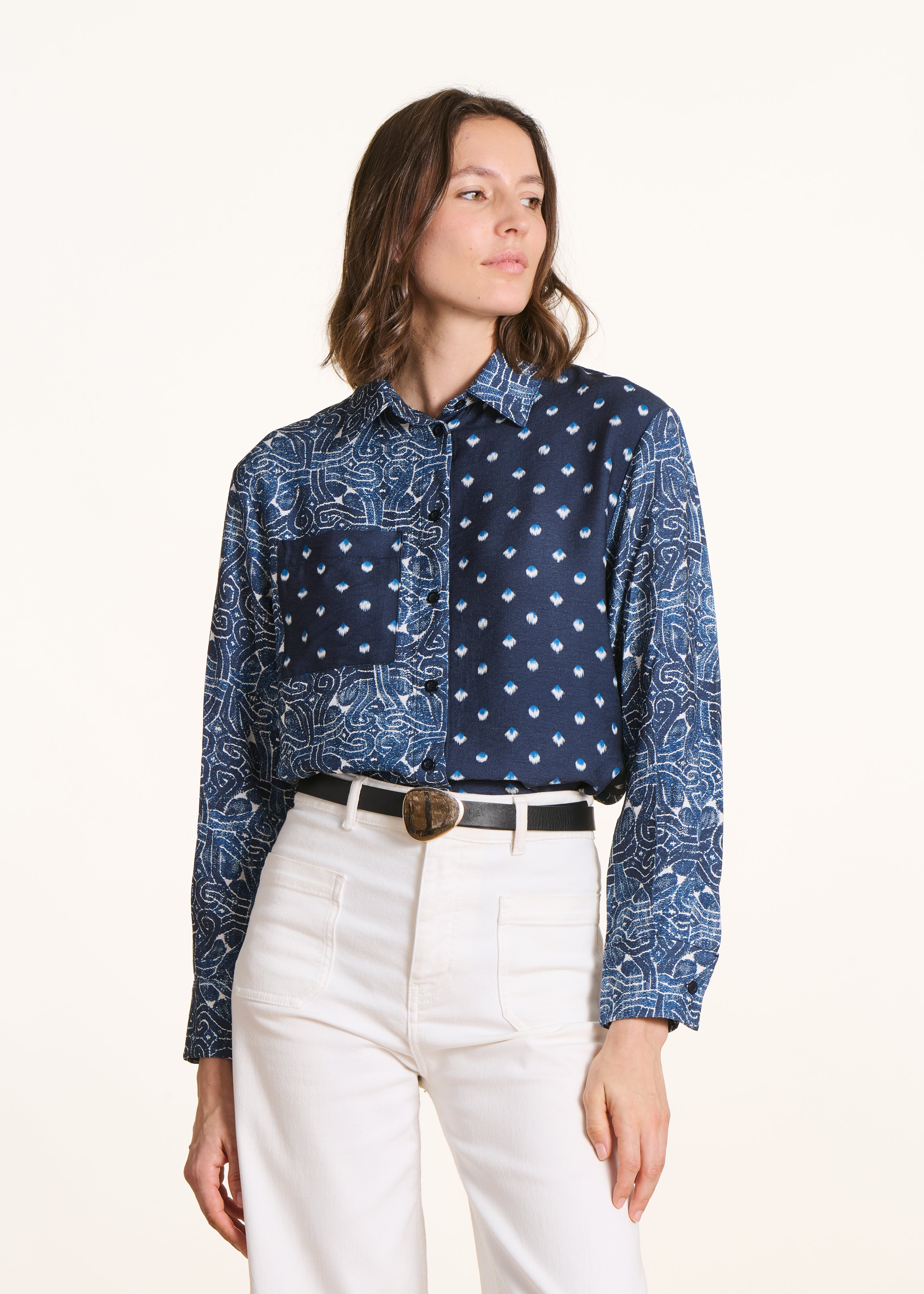 Blue long-sleeve shirt with printed patchwork