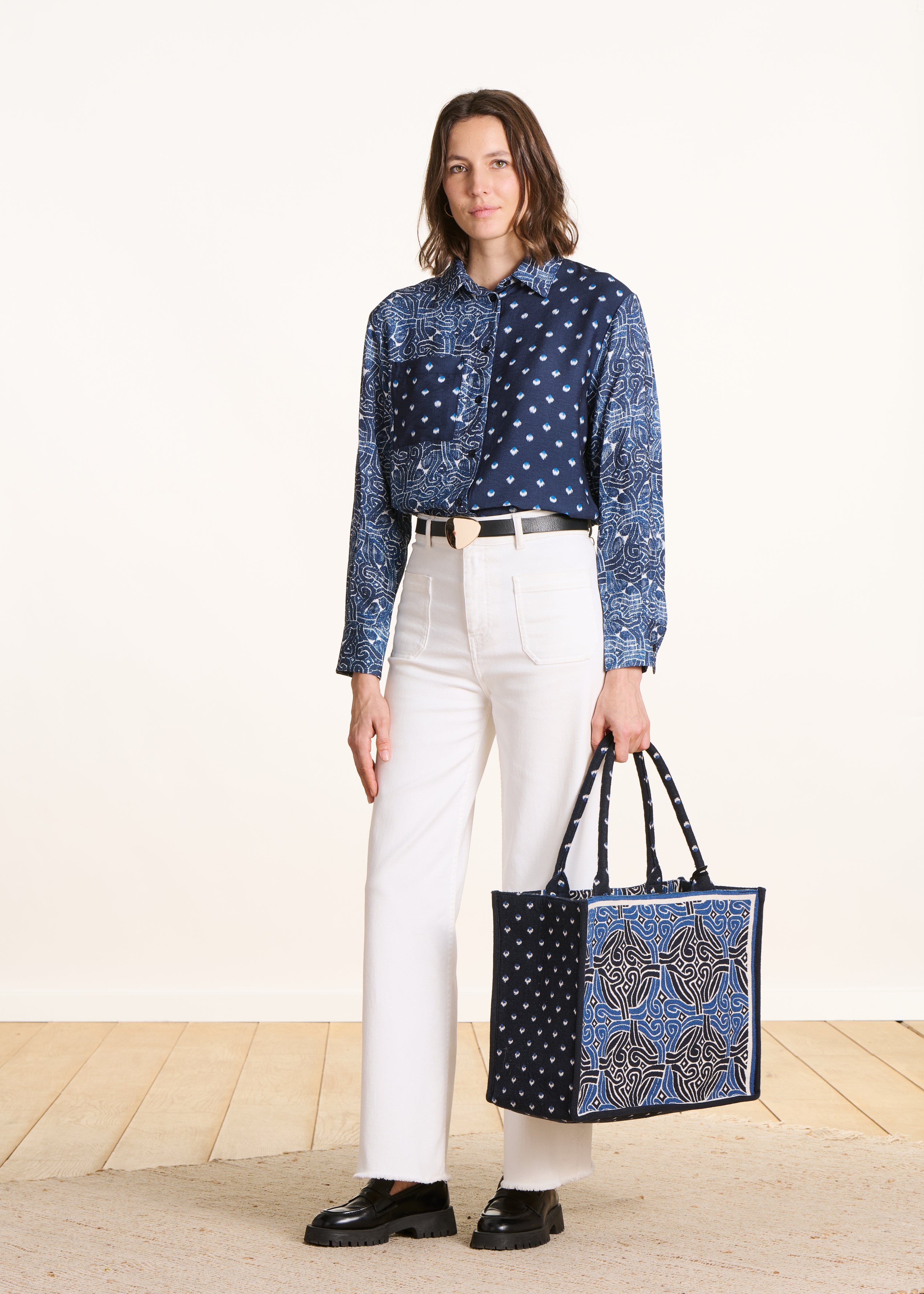 Blue long-sleeve shirt with printed patchwork