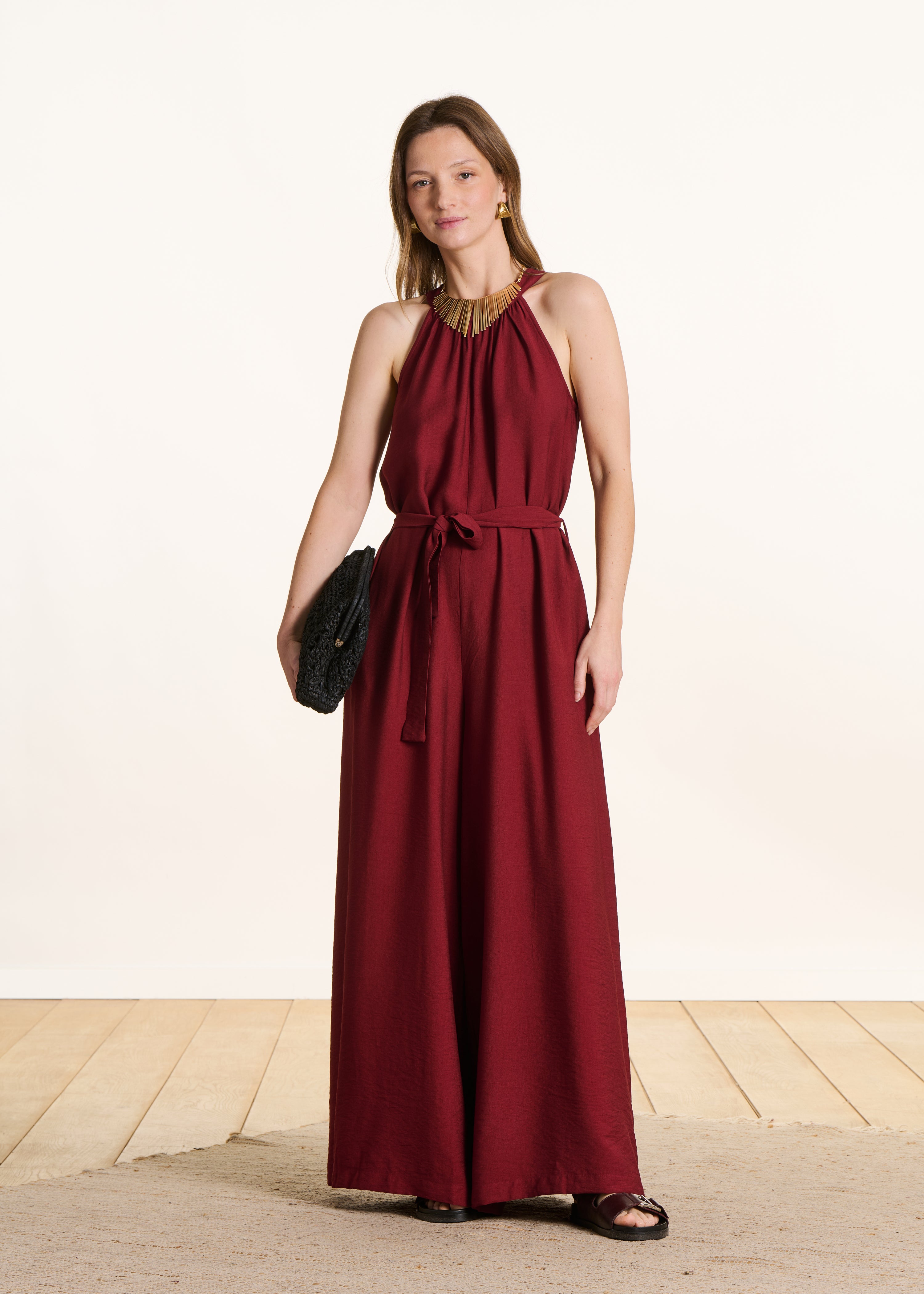 Terracotta long fluid jumpsuit in jacquard