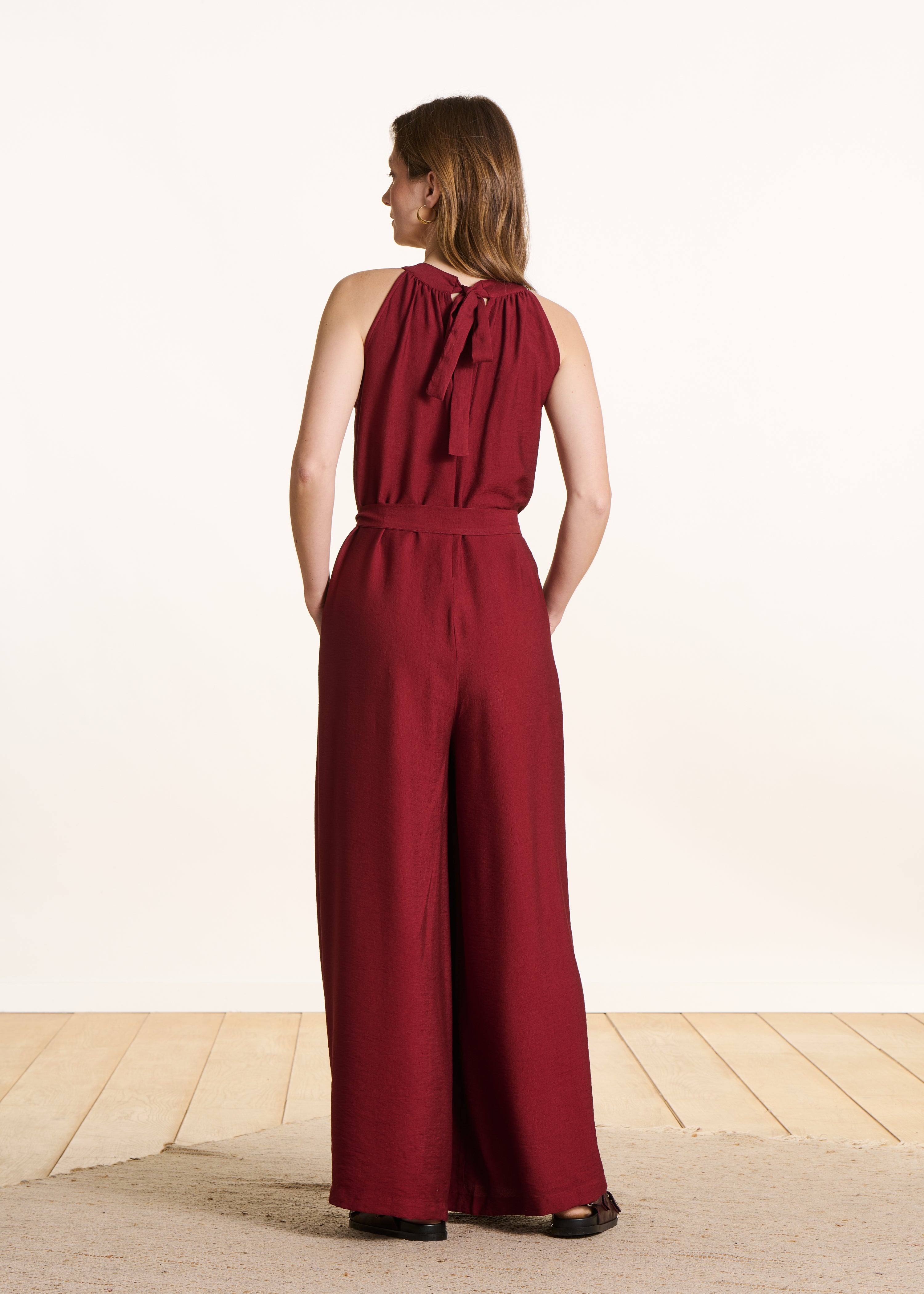 Terracotta long fluid jumpsuit in jacquard