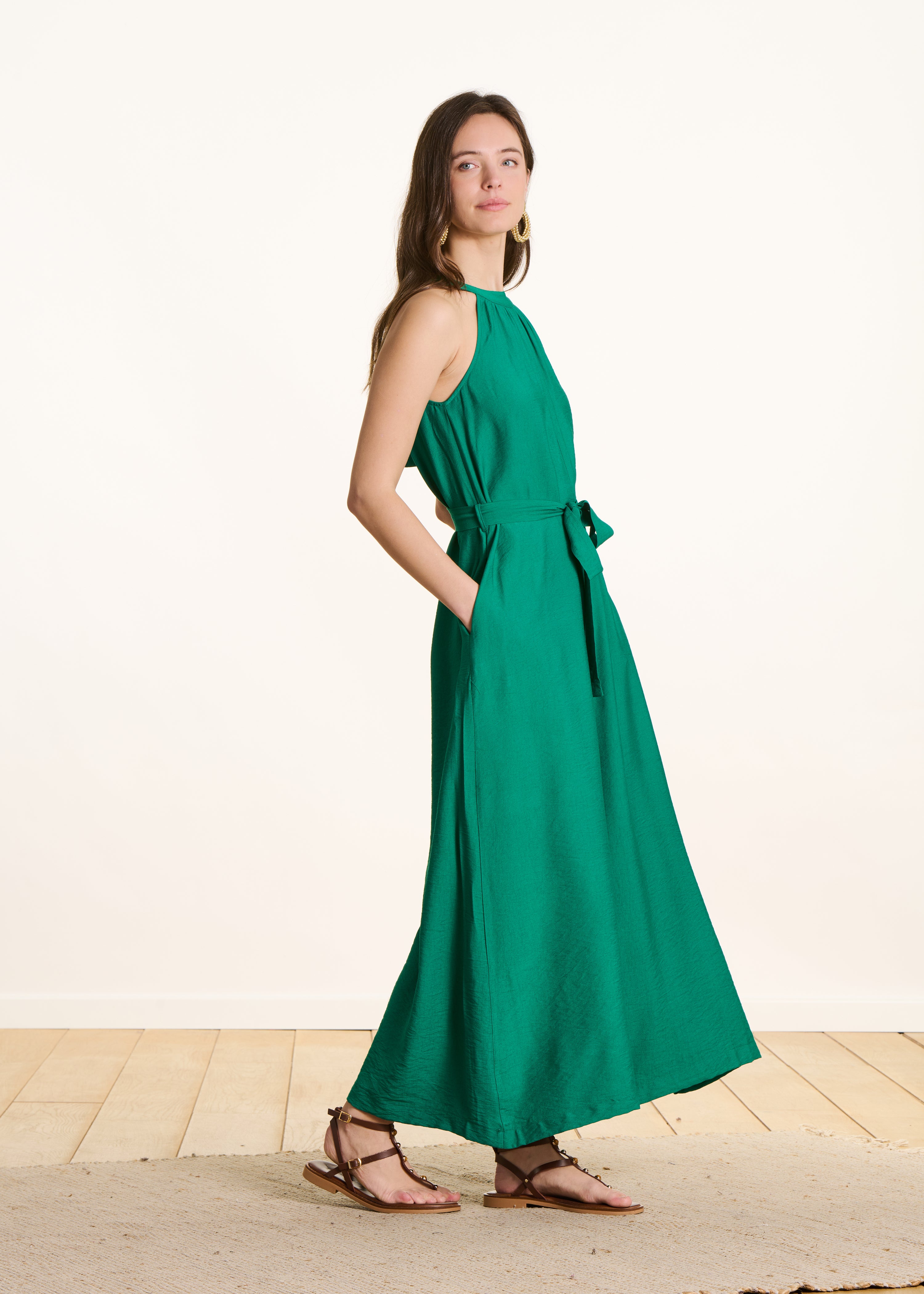 Lange, vloeiende groene jacquard jumpsuit