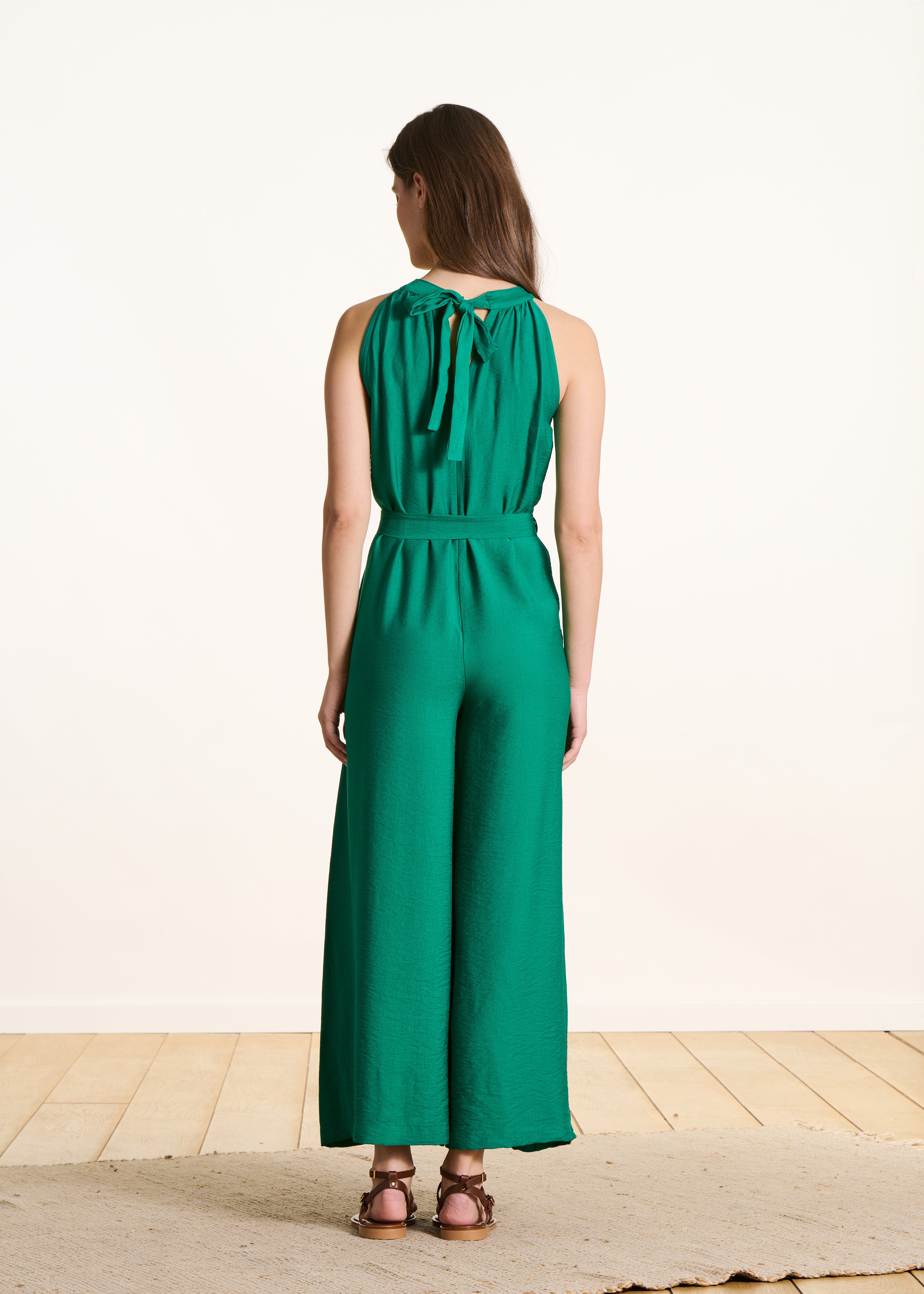 Lange, vloeiende groene jacquard jumpsuit