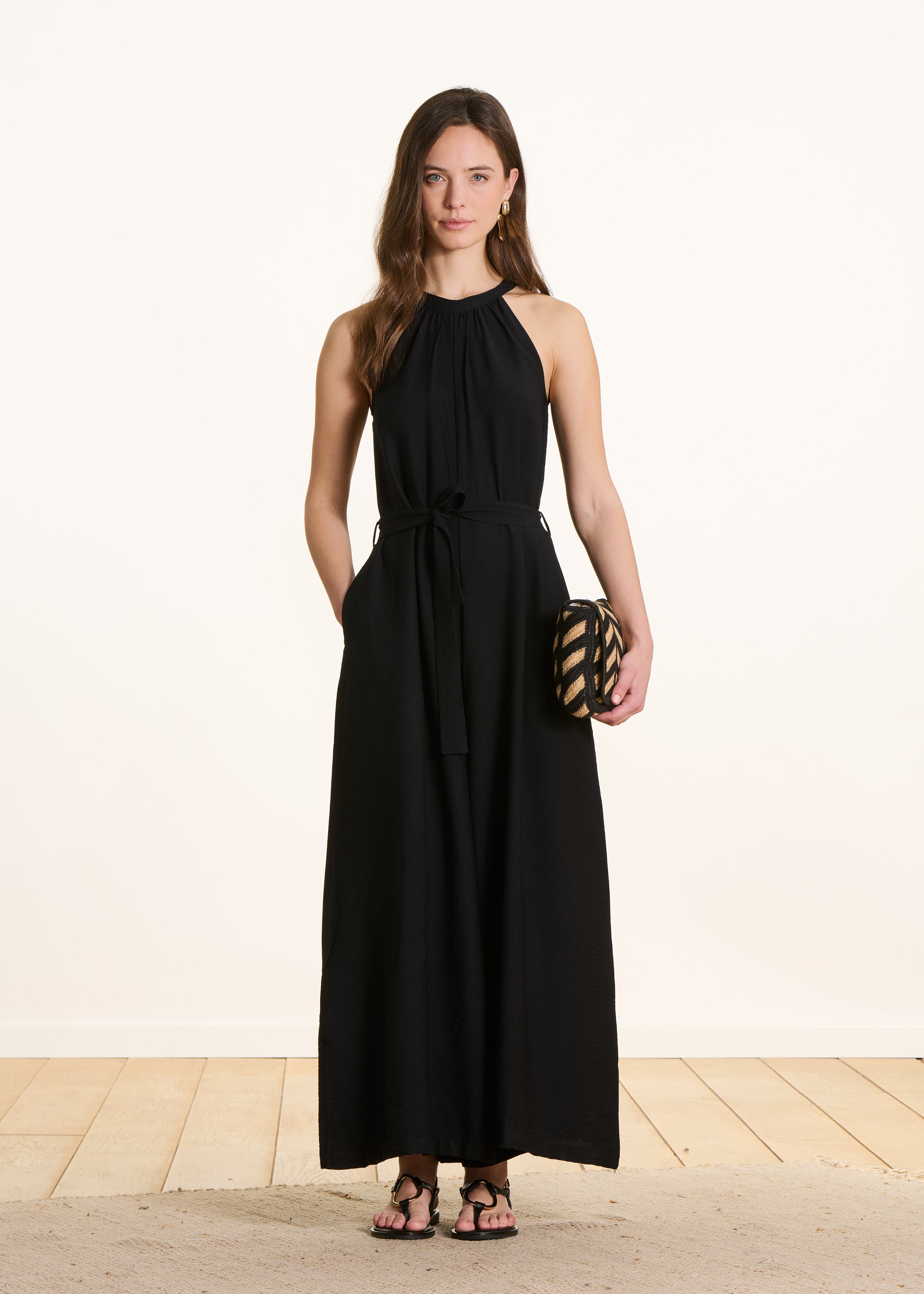 Zwarte lange, vloeiende jacquard jumpsuit