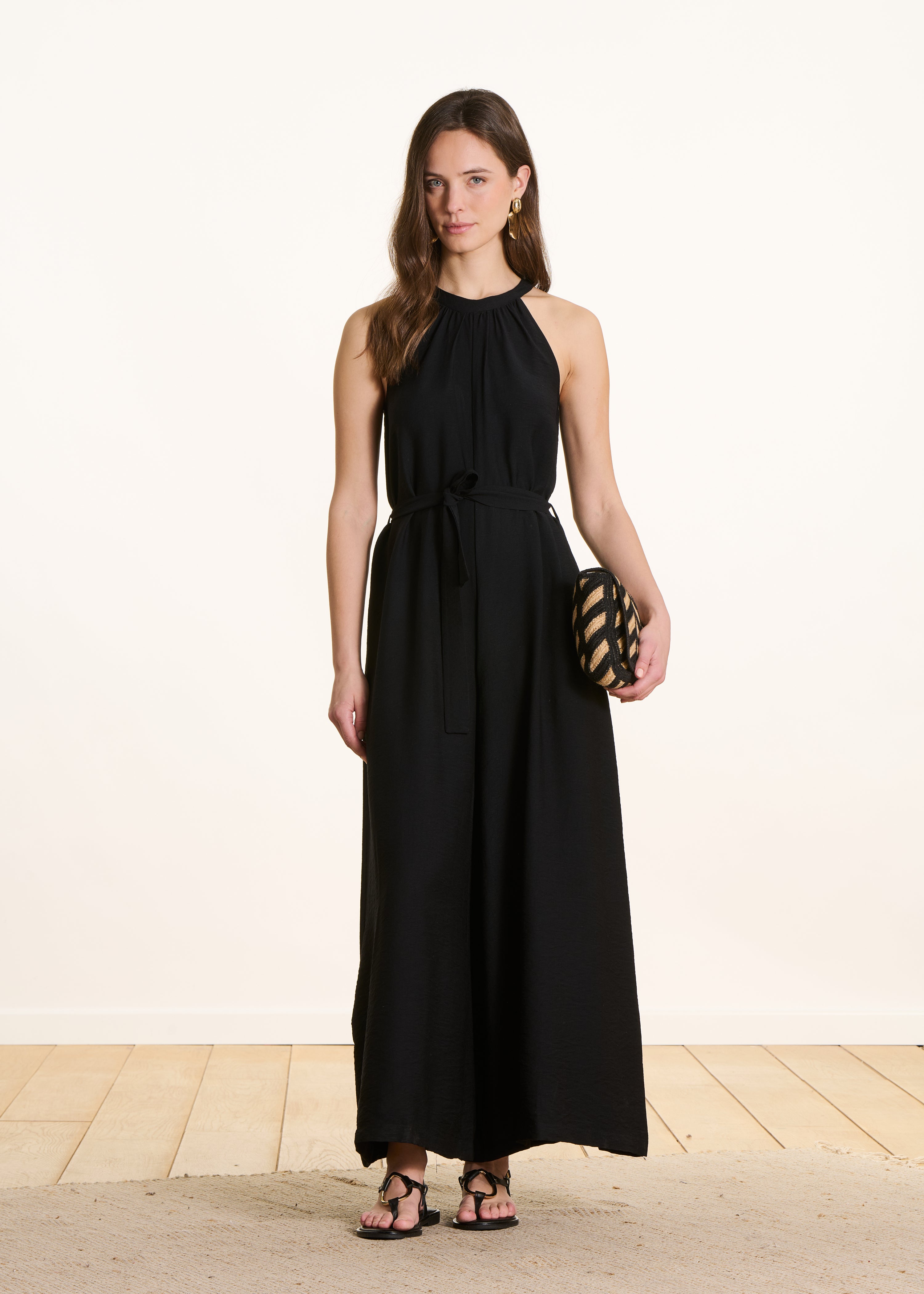 Zwarte lange, vloeiende jacquard jumpsuit