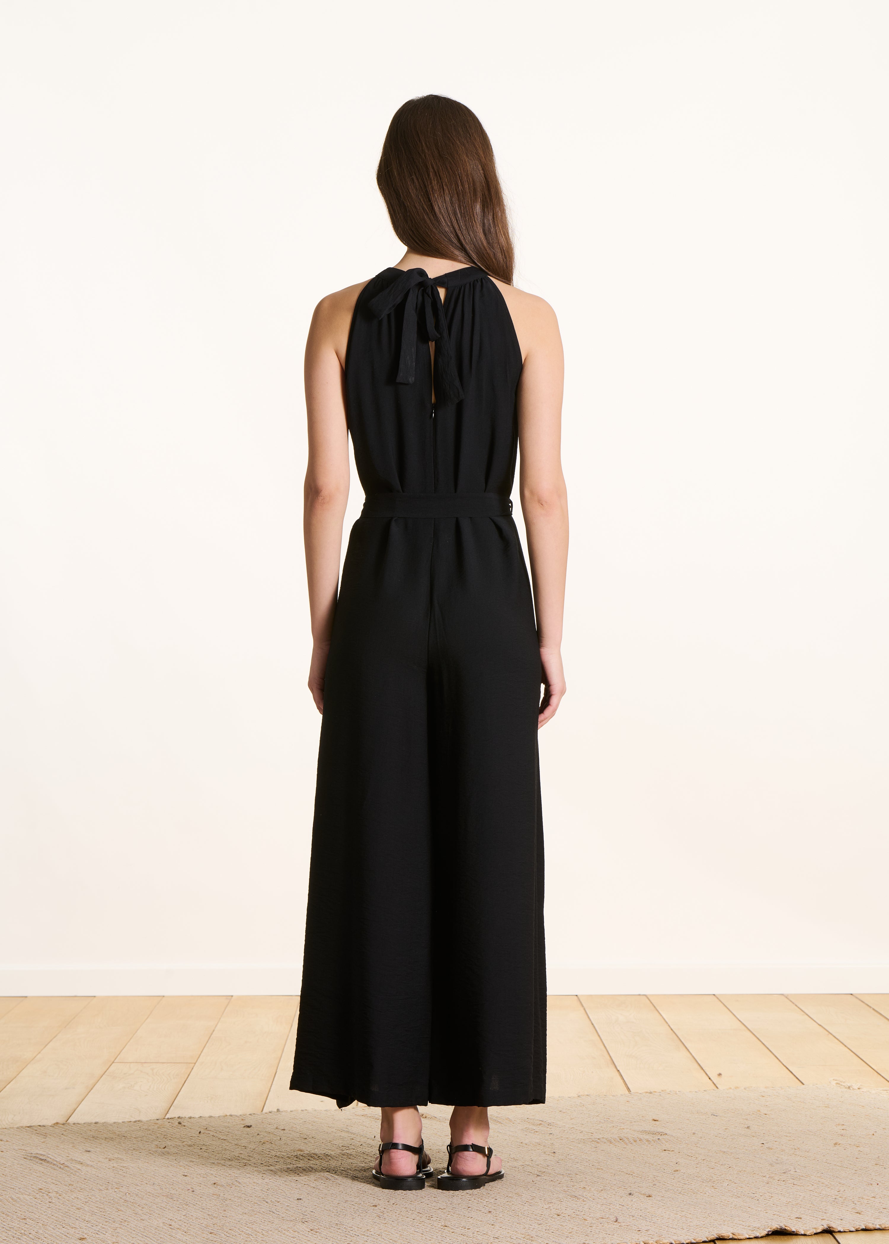Zwarte lange, vloeiende jacquard jumpsuit