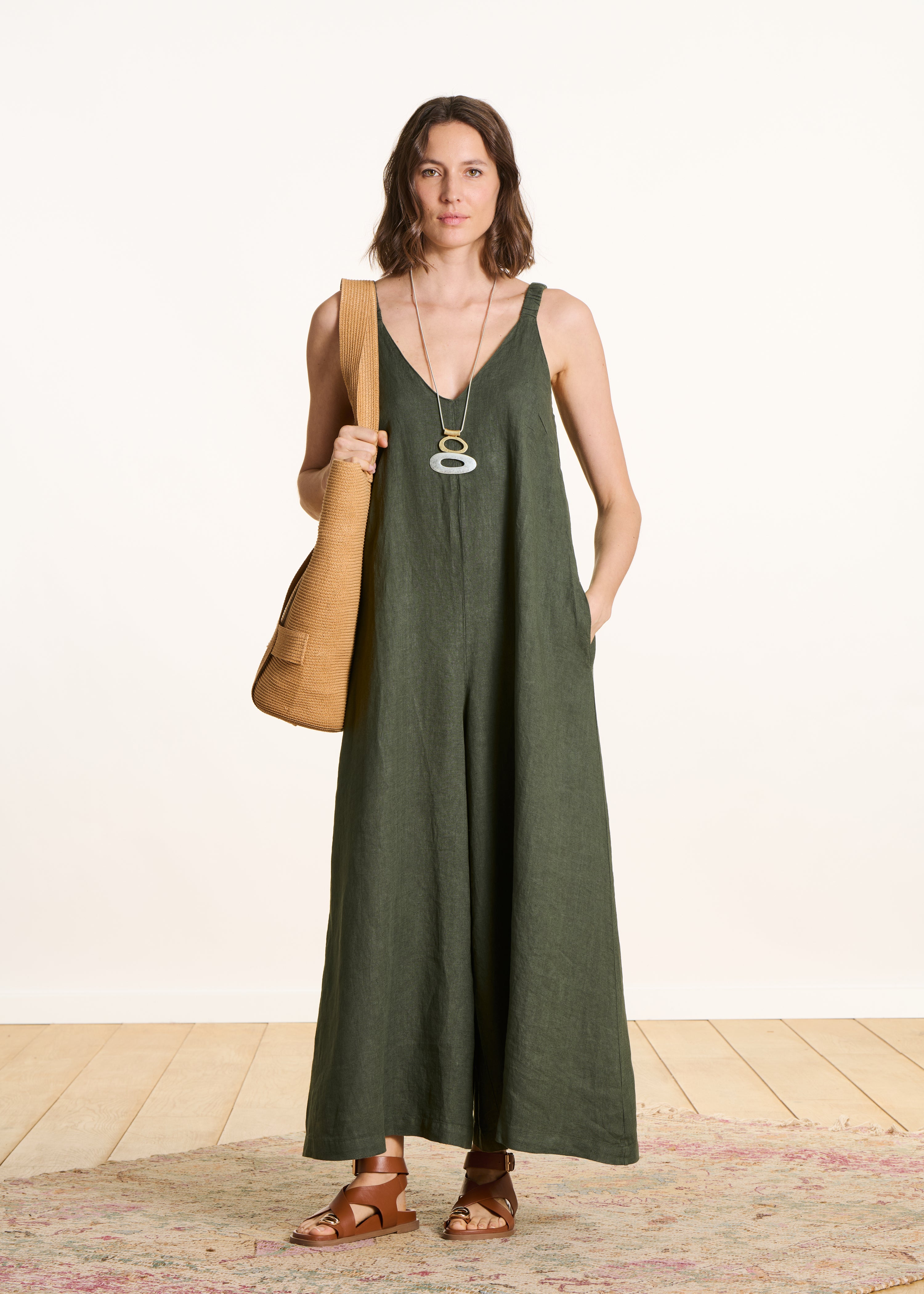 Khaki linen jumpsuit with elastic straps