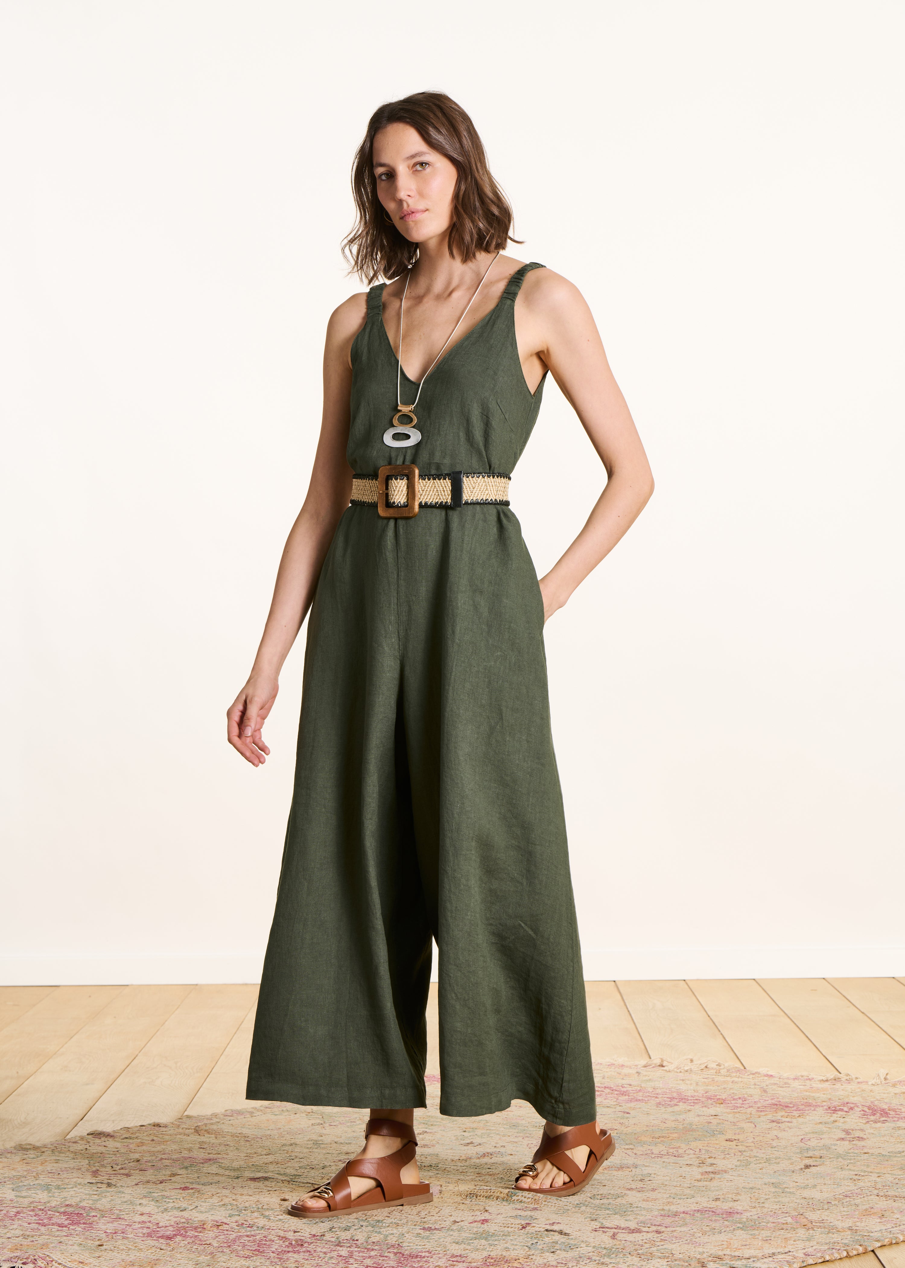 Khaki linen jumpsuit with elastic straps