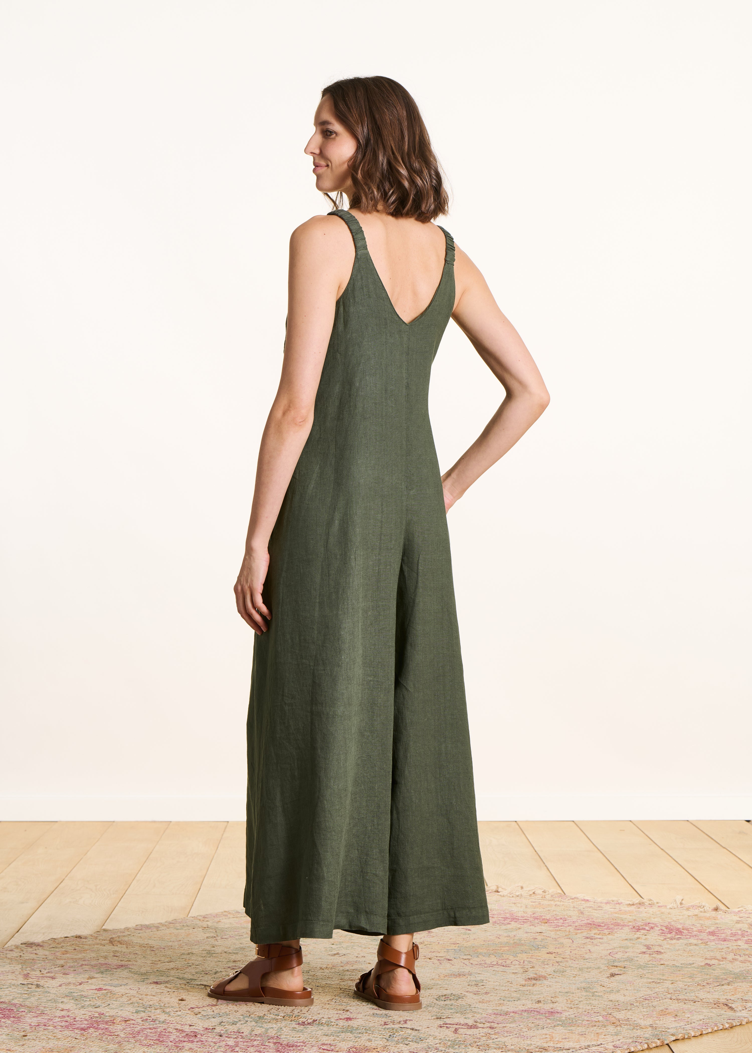 Khaki linen jumpsuit with elastic straps