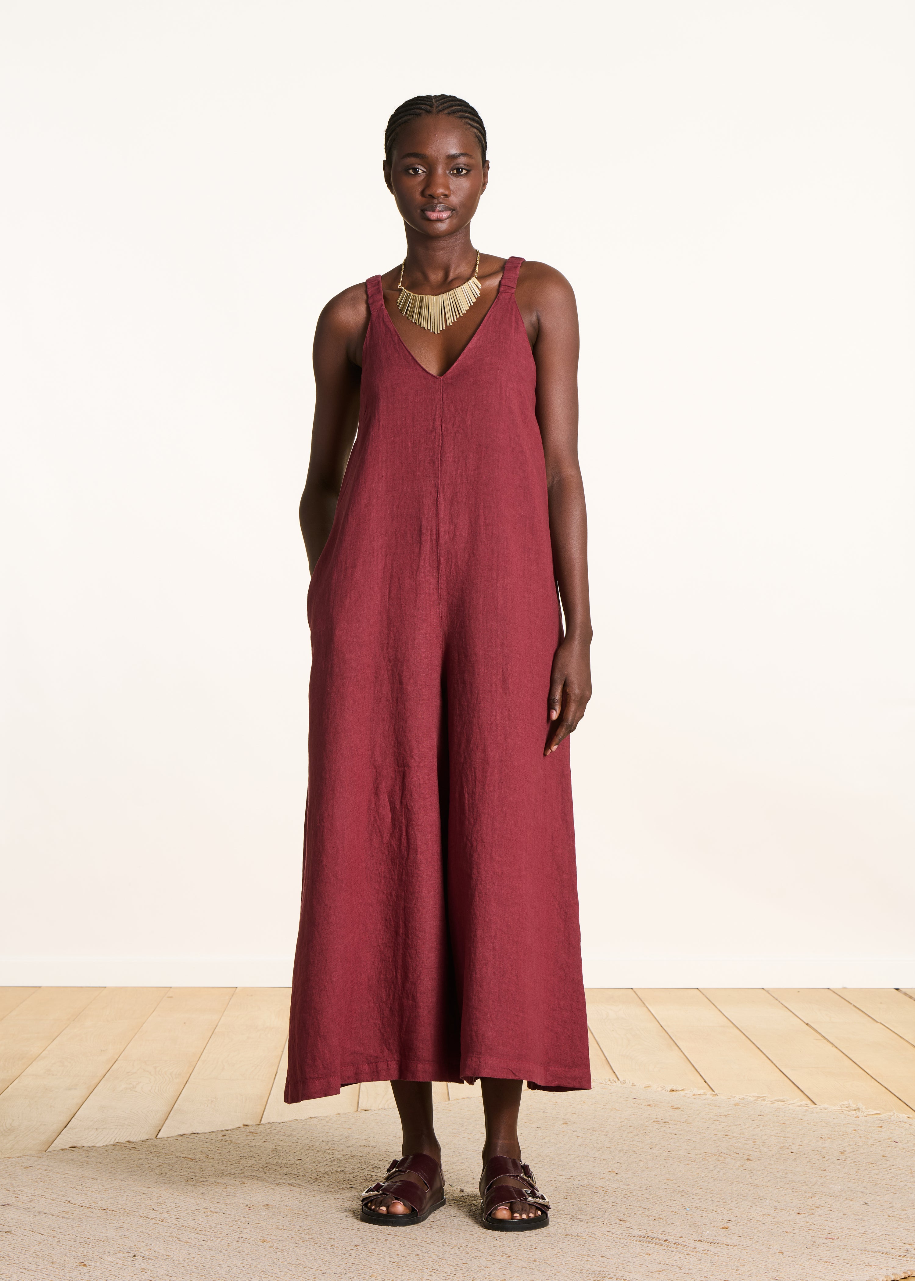 Burgundy linen jumpsuit with elastic straps