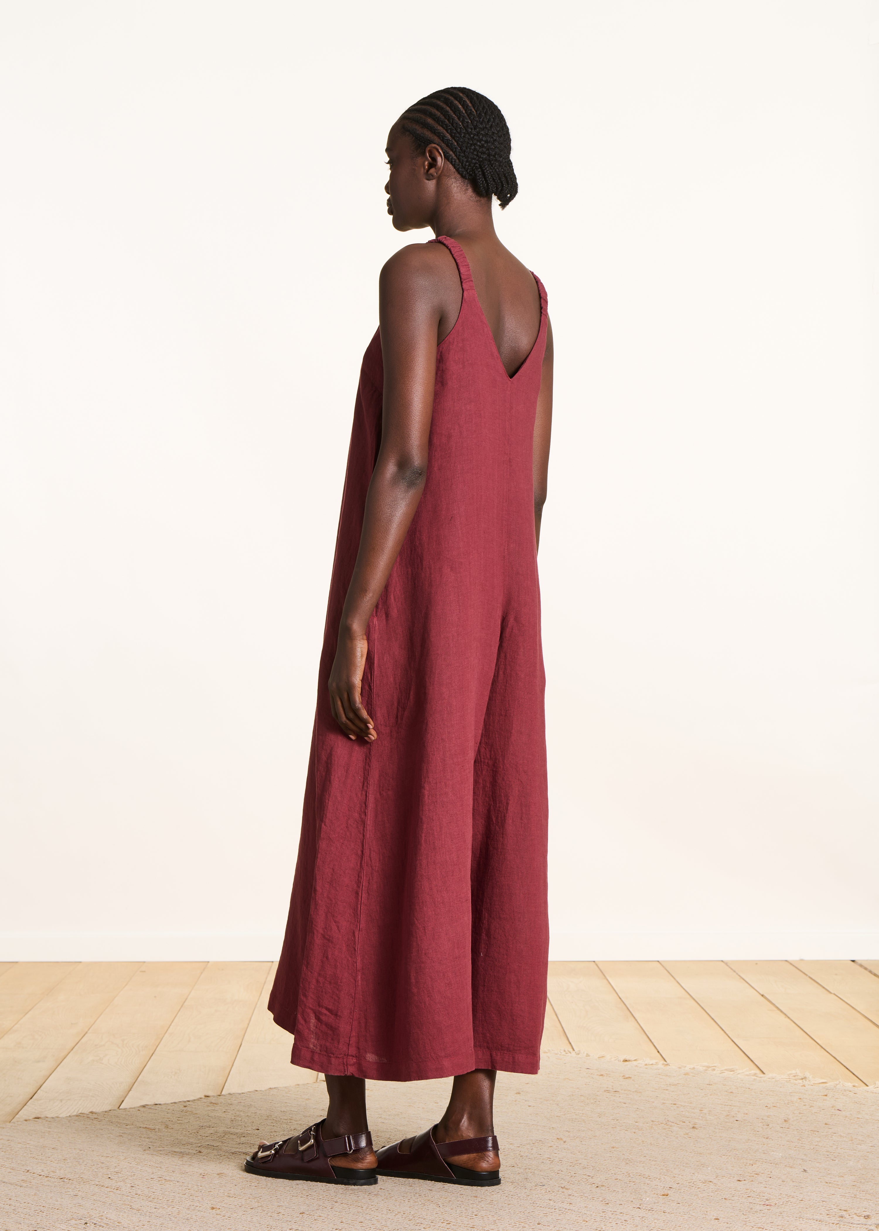 Burgundy linen jumpsuit with elastic straps