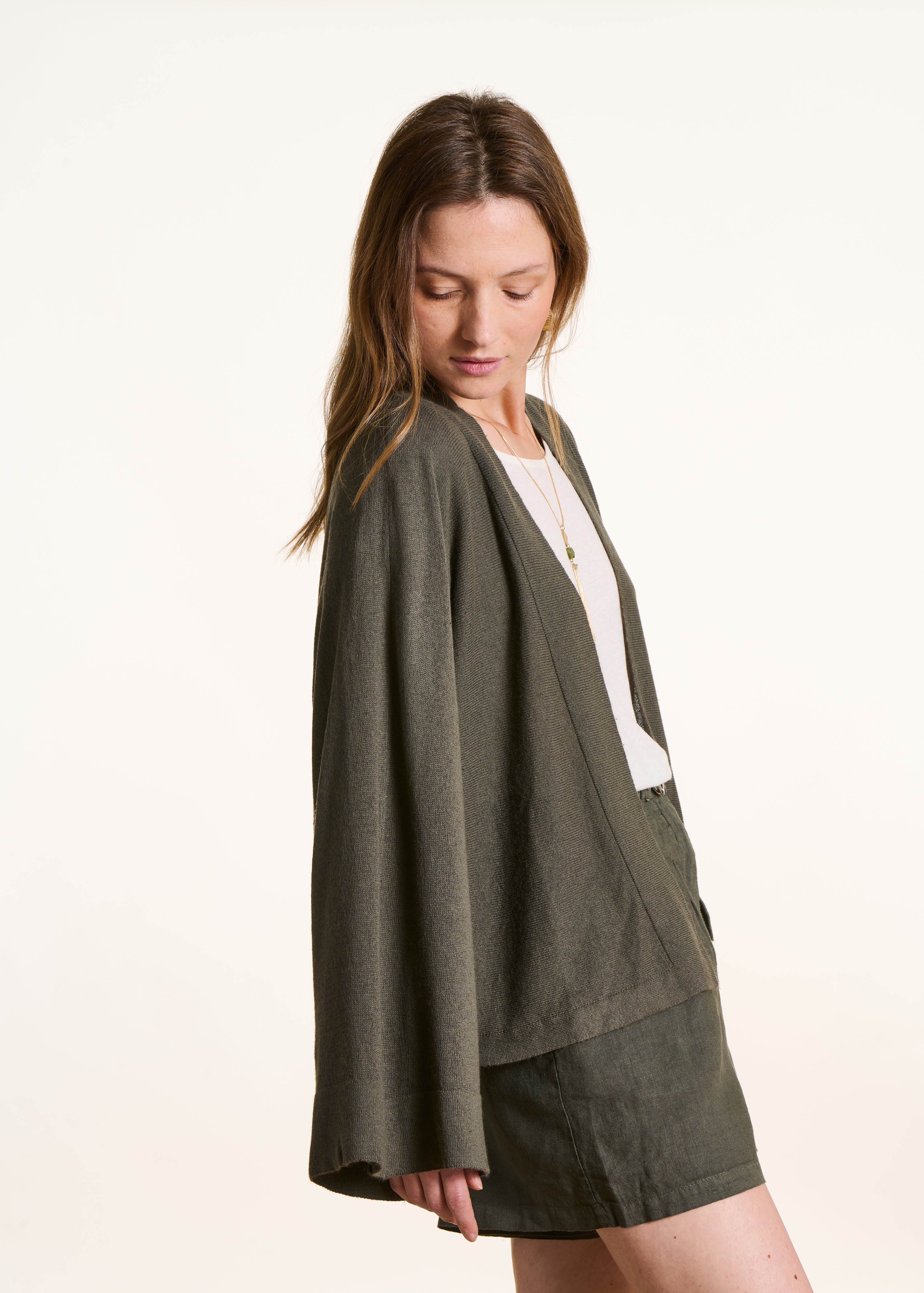 Loose open khaki cardigan with soft knit
