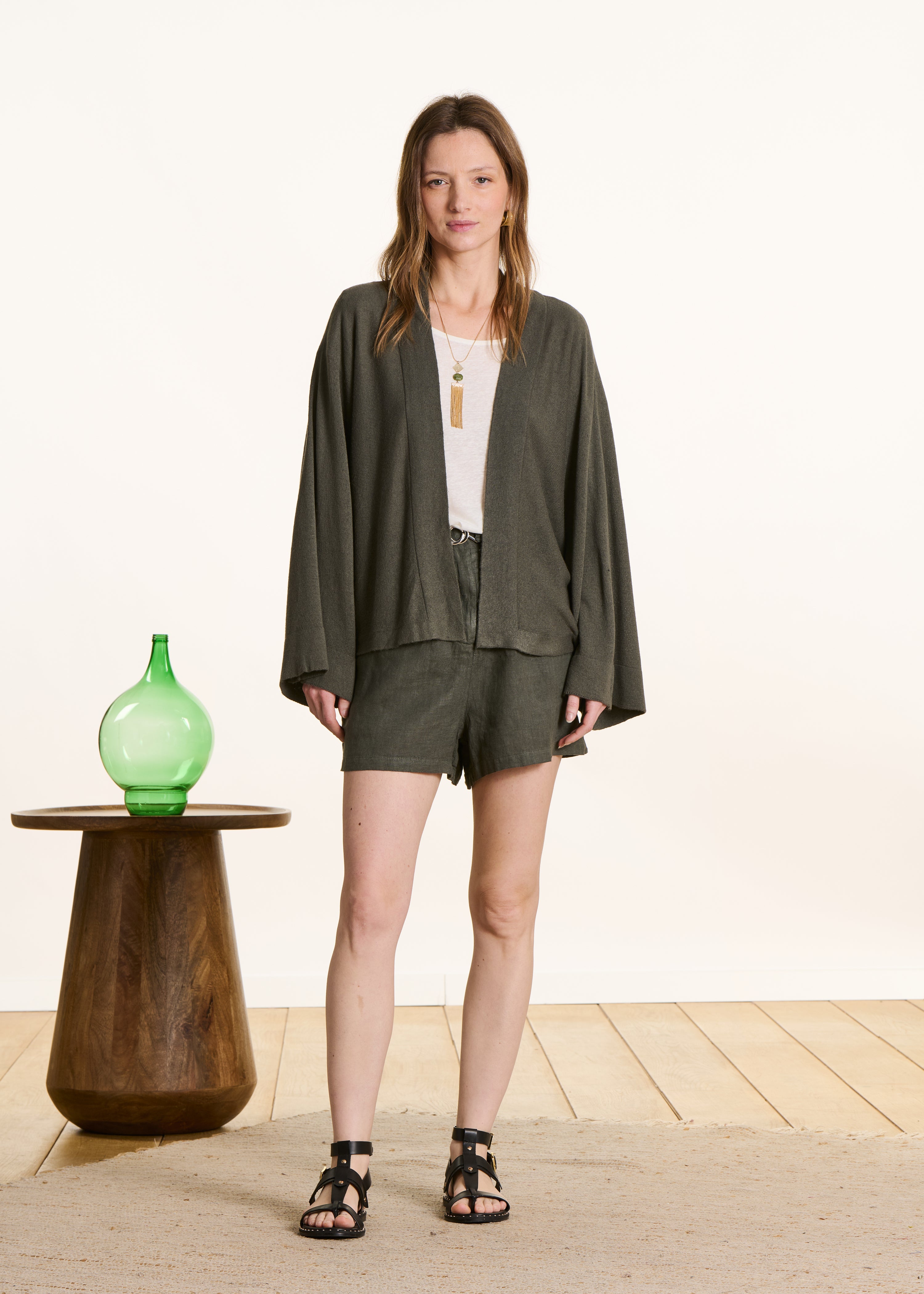 Loose open khaki cardigan with soft knit