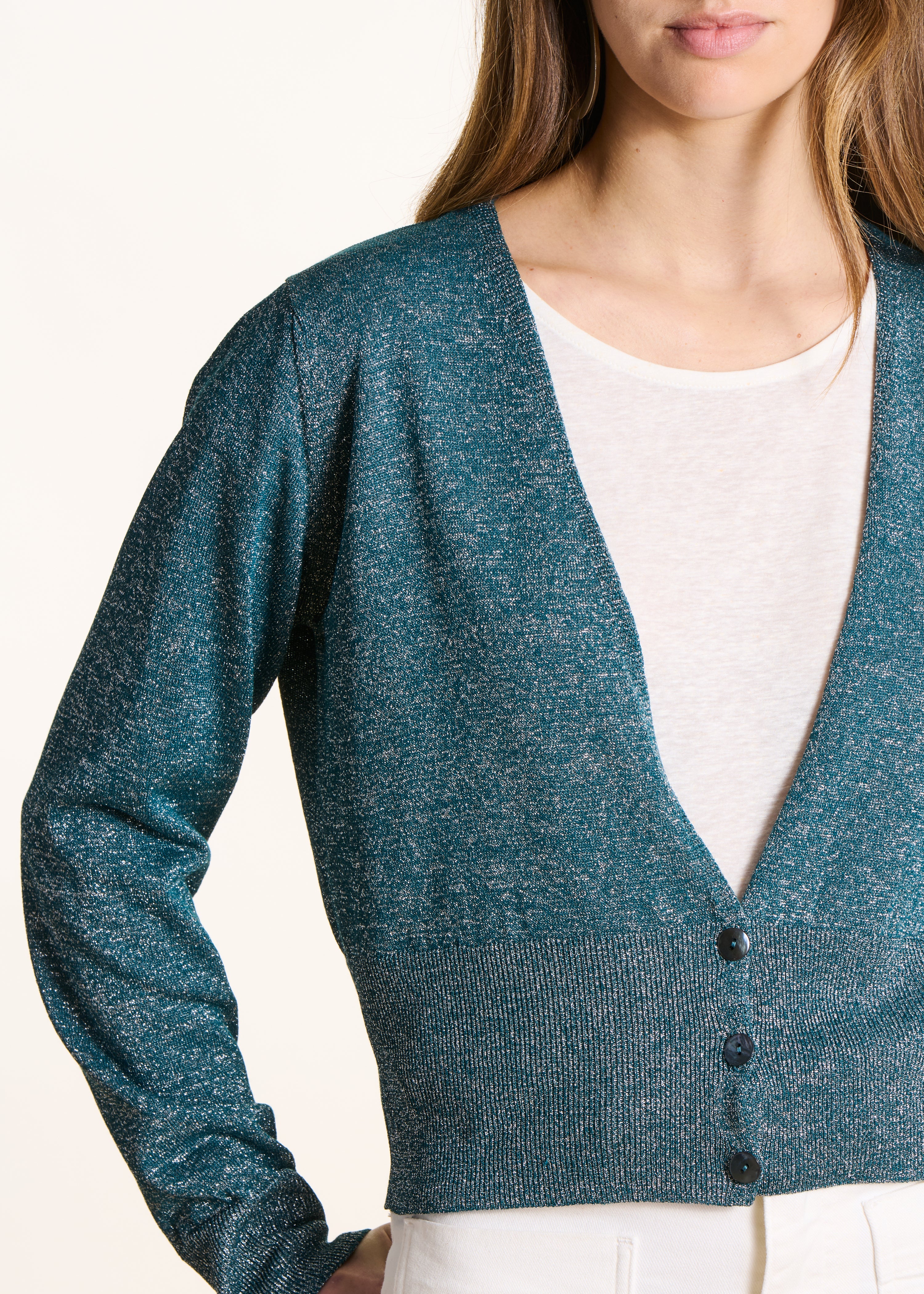 Gilet aderente in maglia fine iridescente blu petrolio